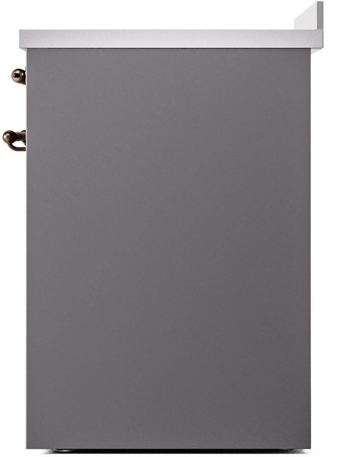 Freestanding electric induction range matte graphite side panel with bronze hinge hardware.