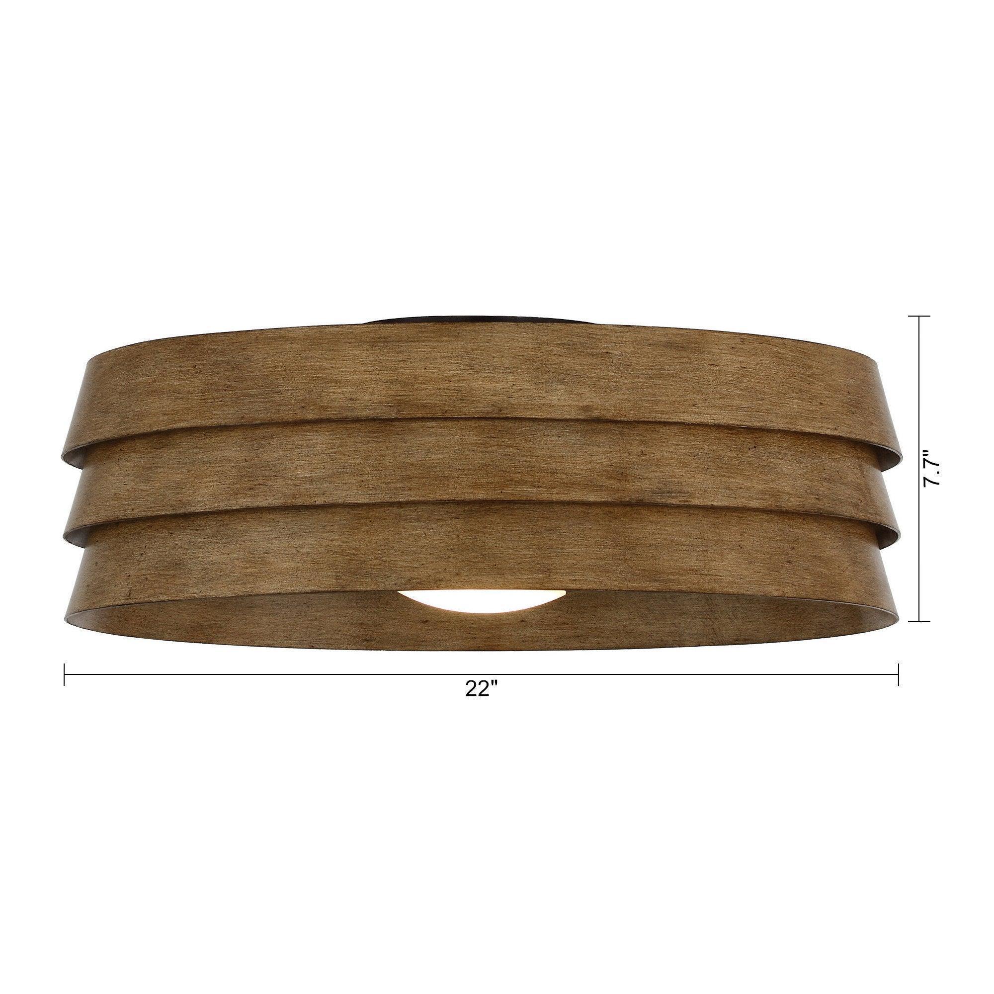 Brown farmhouse flush mount ceiling fan with LED light, 22-inch wood-look shade