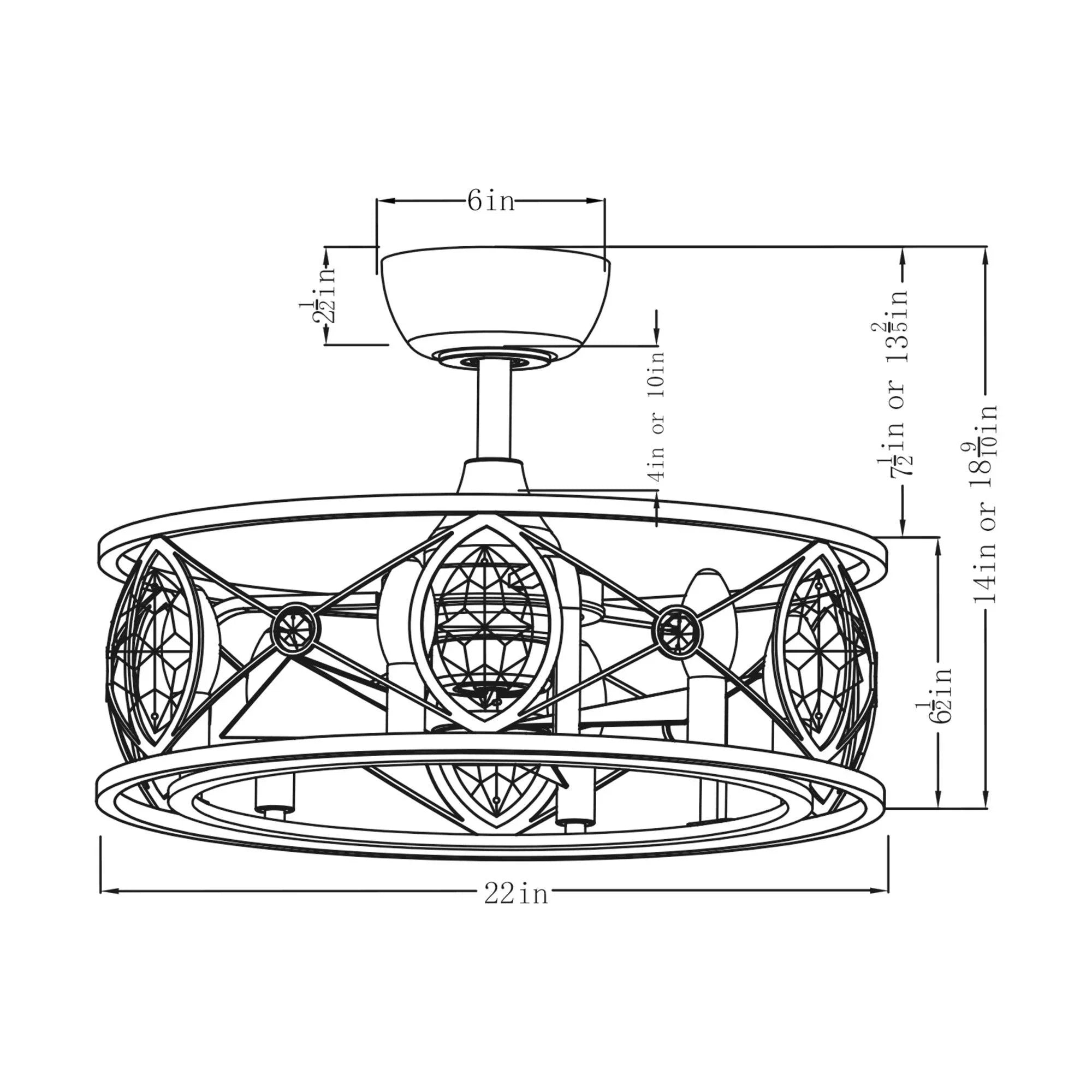 22-inch golden crystal cage ceiling fan chandelier with dimensional diagram