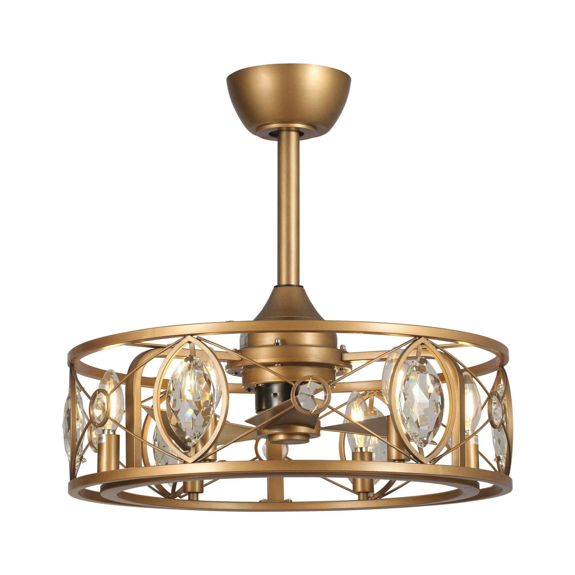 Gold ceiling fan chandelier with crystal oval accents and circular metal frame