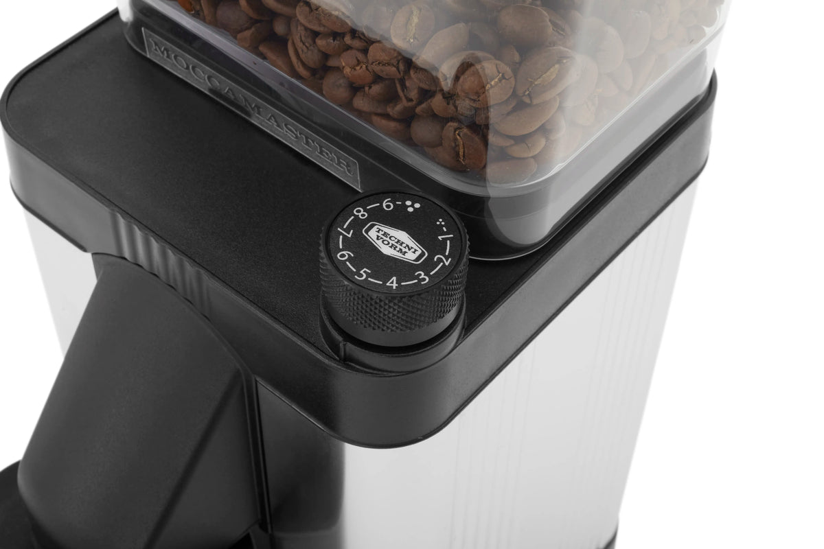 Polished silver burr coffee grinder with black control dial and bean hopper