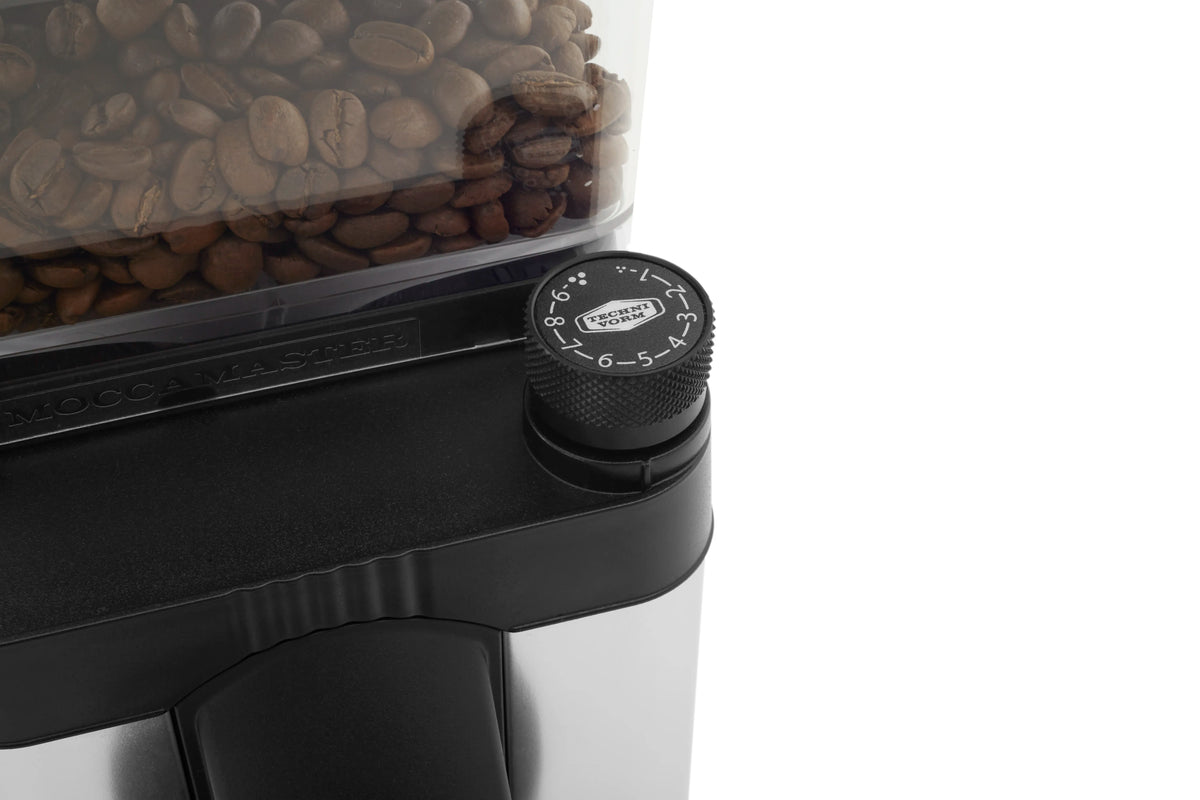 Black-and-silver burr grinder with adjustable grind setting dial