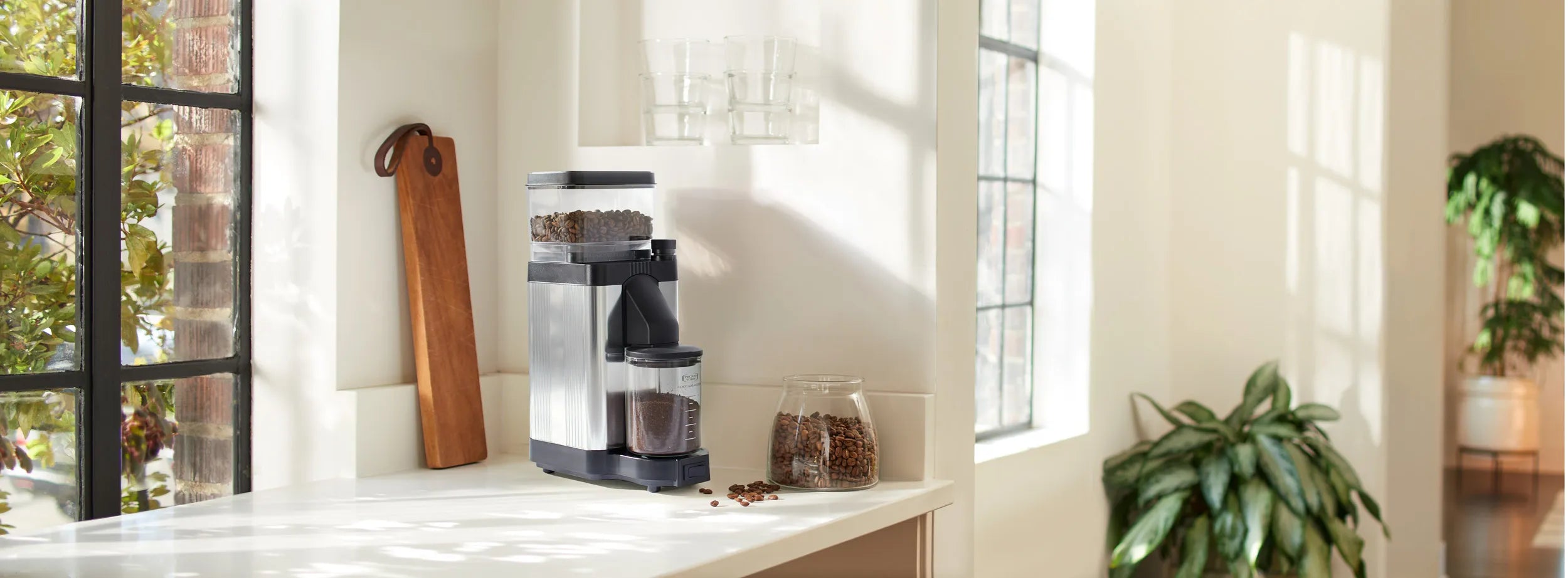 Polished silver burr grinder on countertop with black catch container