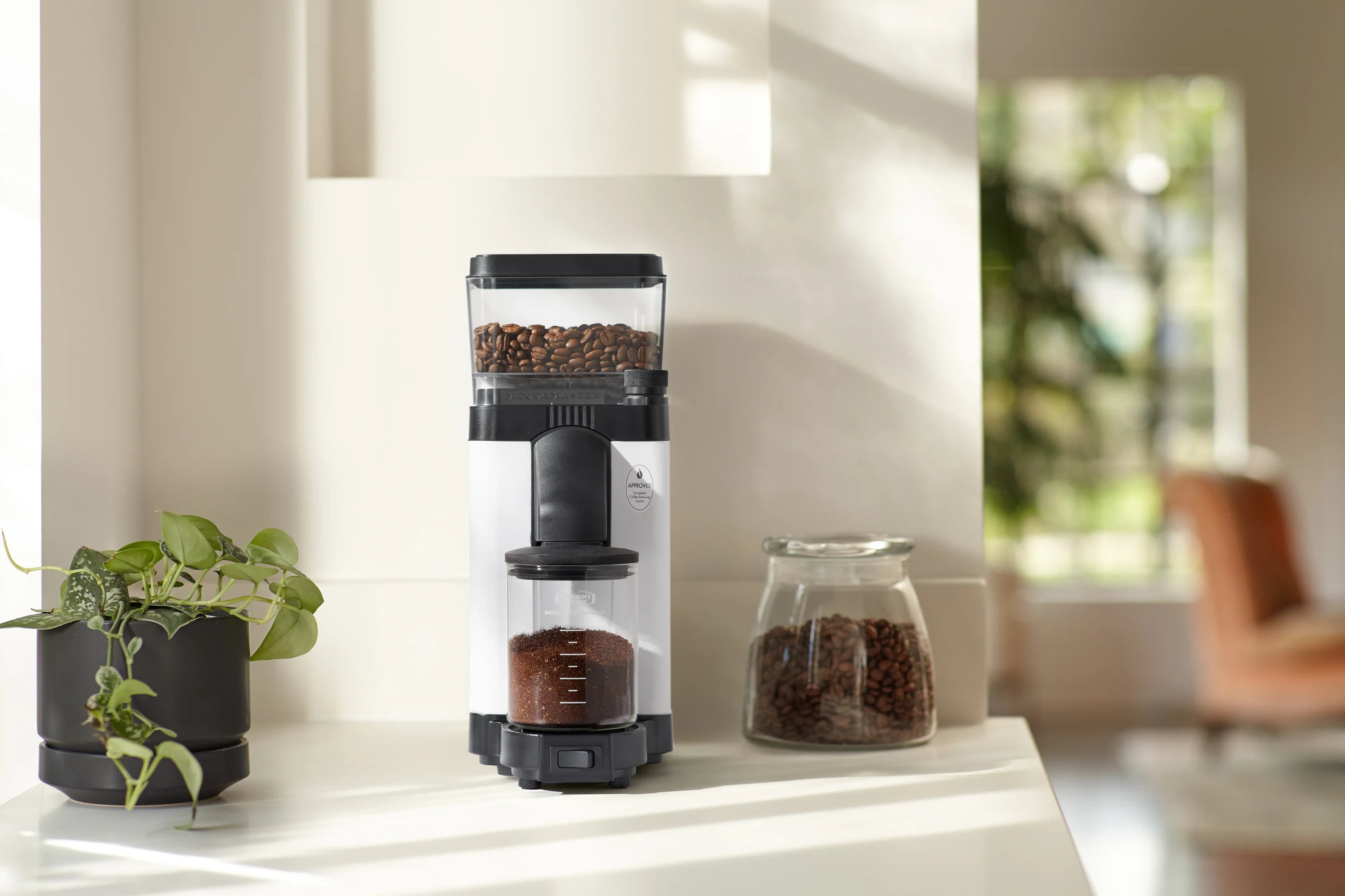 Matte white burr grinder on countertop with glass jars for beans and ground coffee.