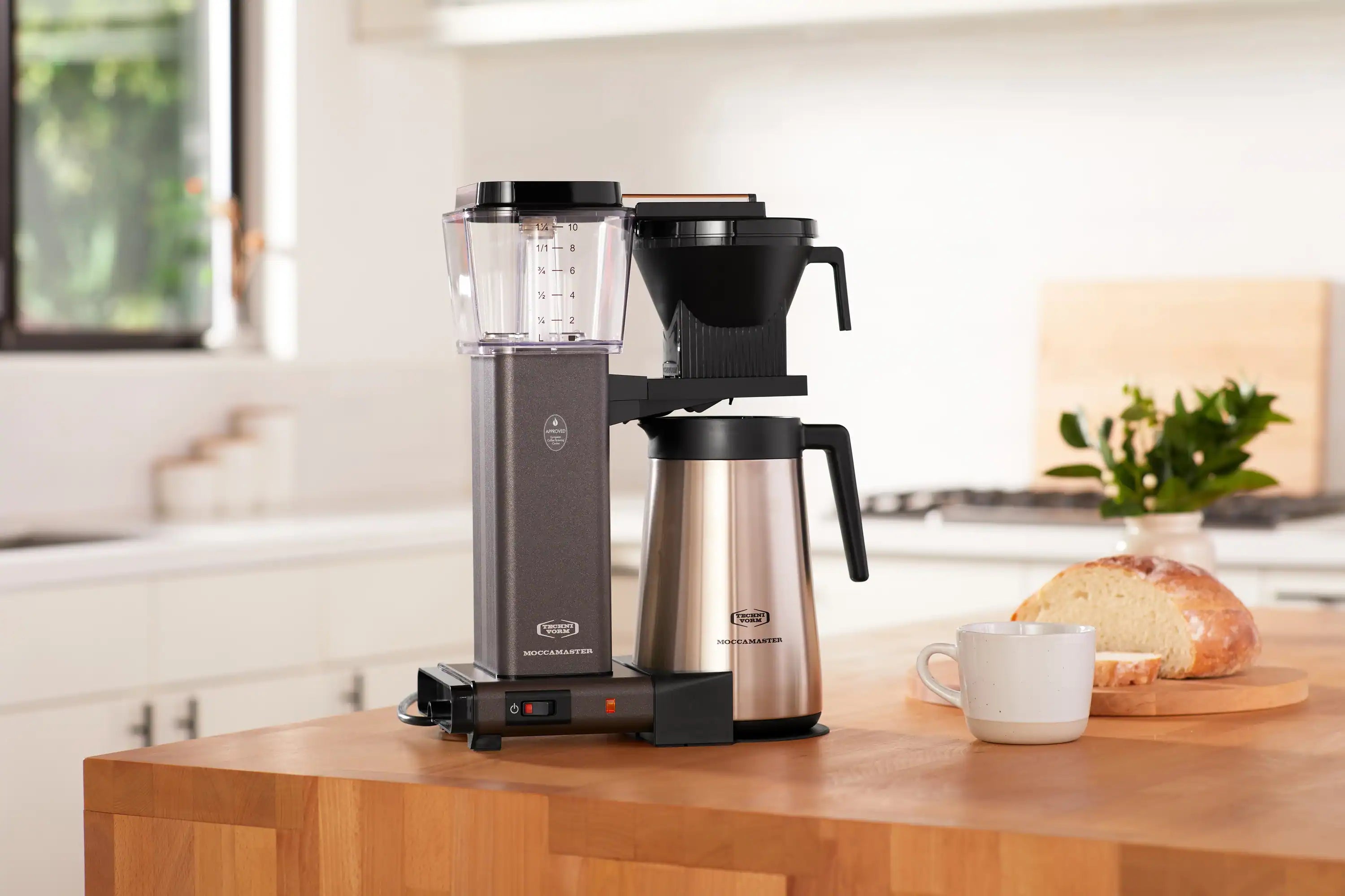 Stone grey coffee maker with black filter and thermal stainless carafe, 10-cup capacity
