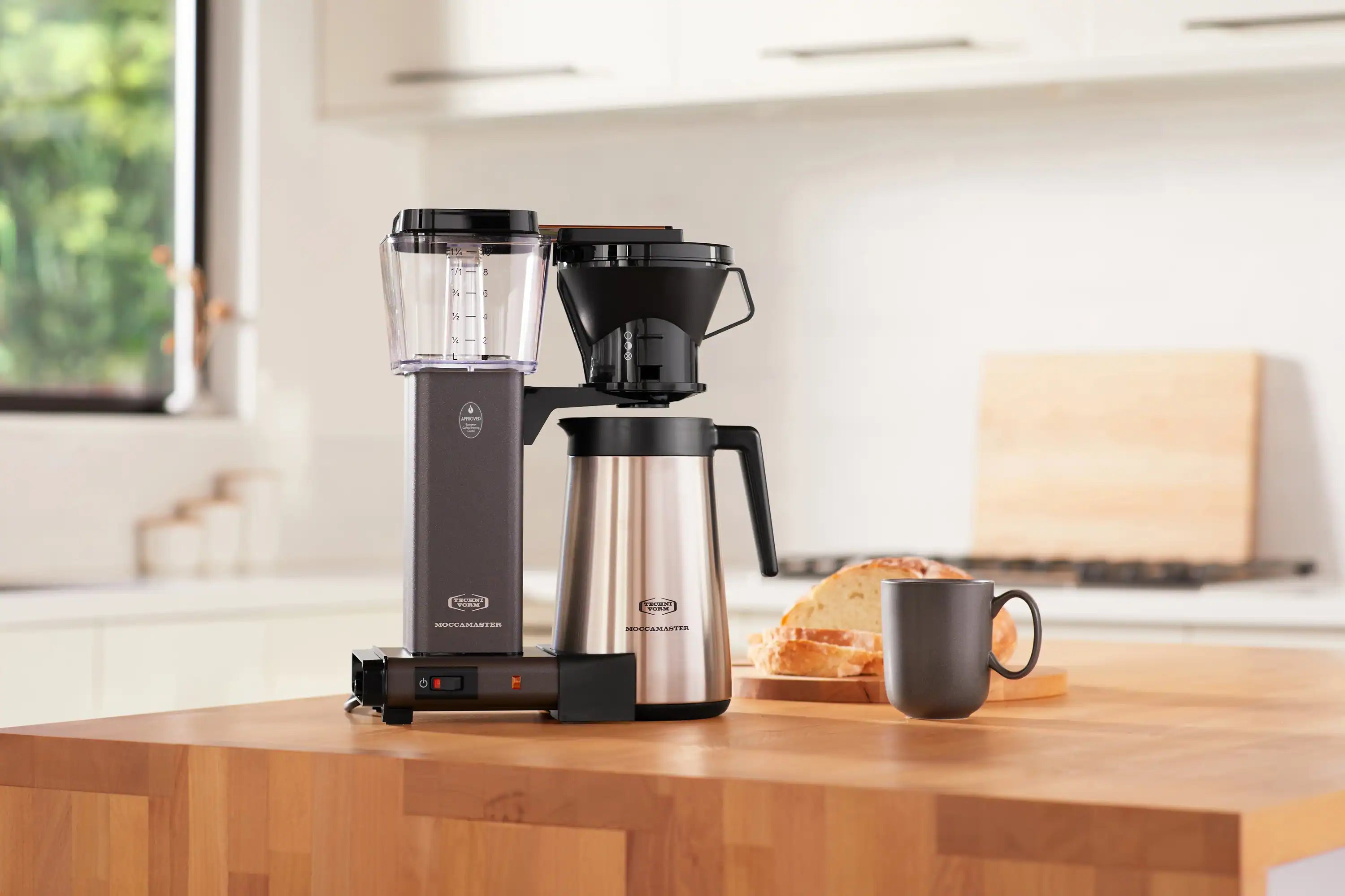 Thermal coffee maker in stone grey with stainless carafe and black brew funnel