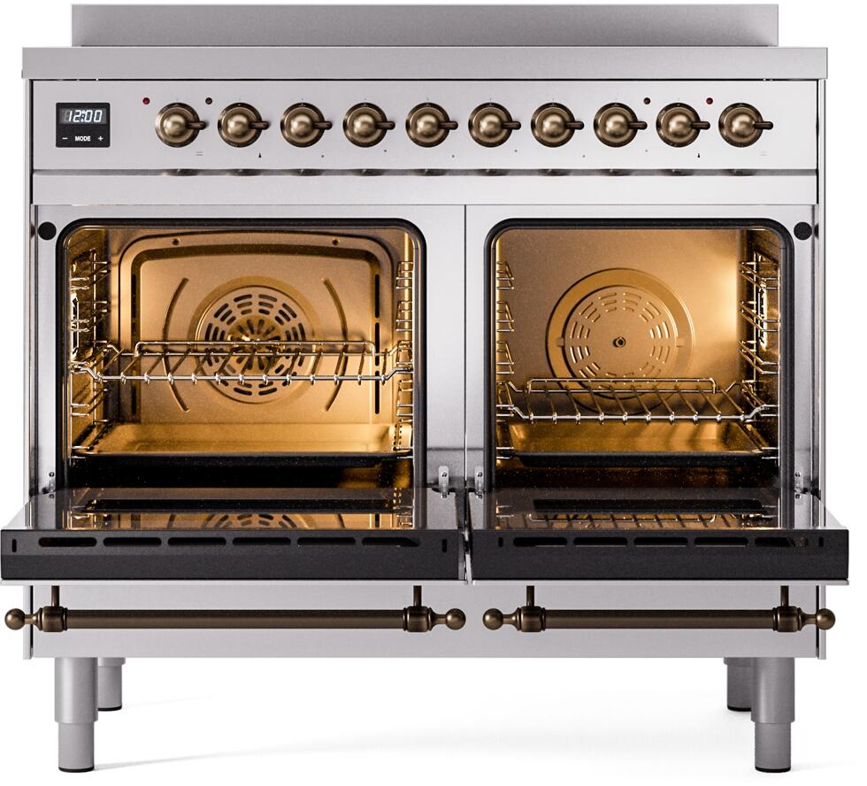 Freestanding induction range with both oven doors open, showing racks and interior lighting