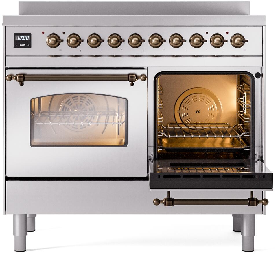 Freestanding induction range with right oven door open, showing rack and warm interior