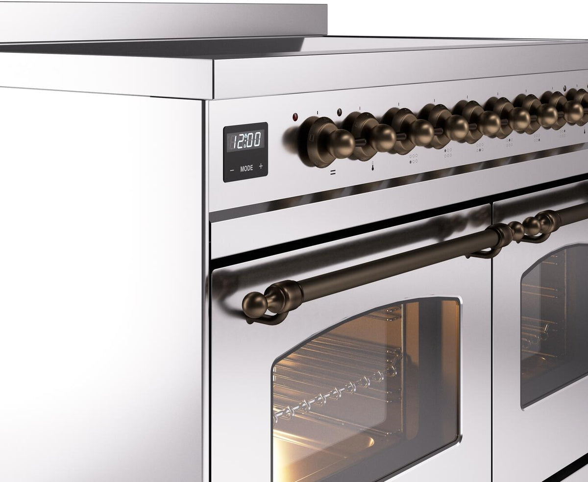 Front control area of induction range with bronze knob row and cooktop controls