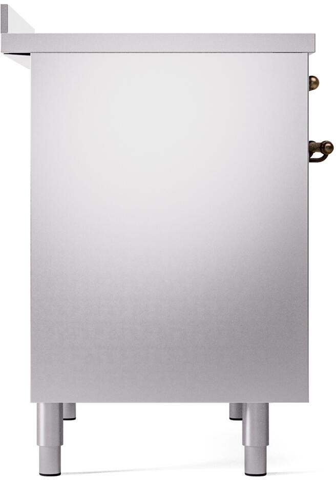 Rear side panel view of a stainless freestanding induction range with leveling feet