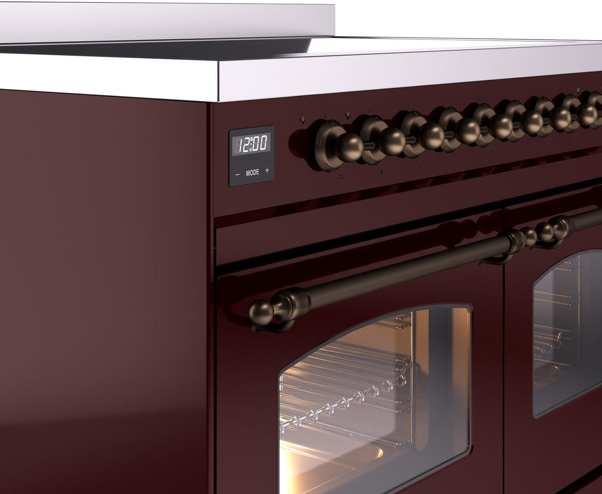 Burgundy range side view showing bronze control knob row and oven door handle.