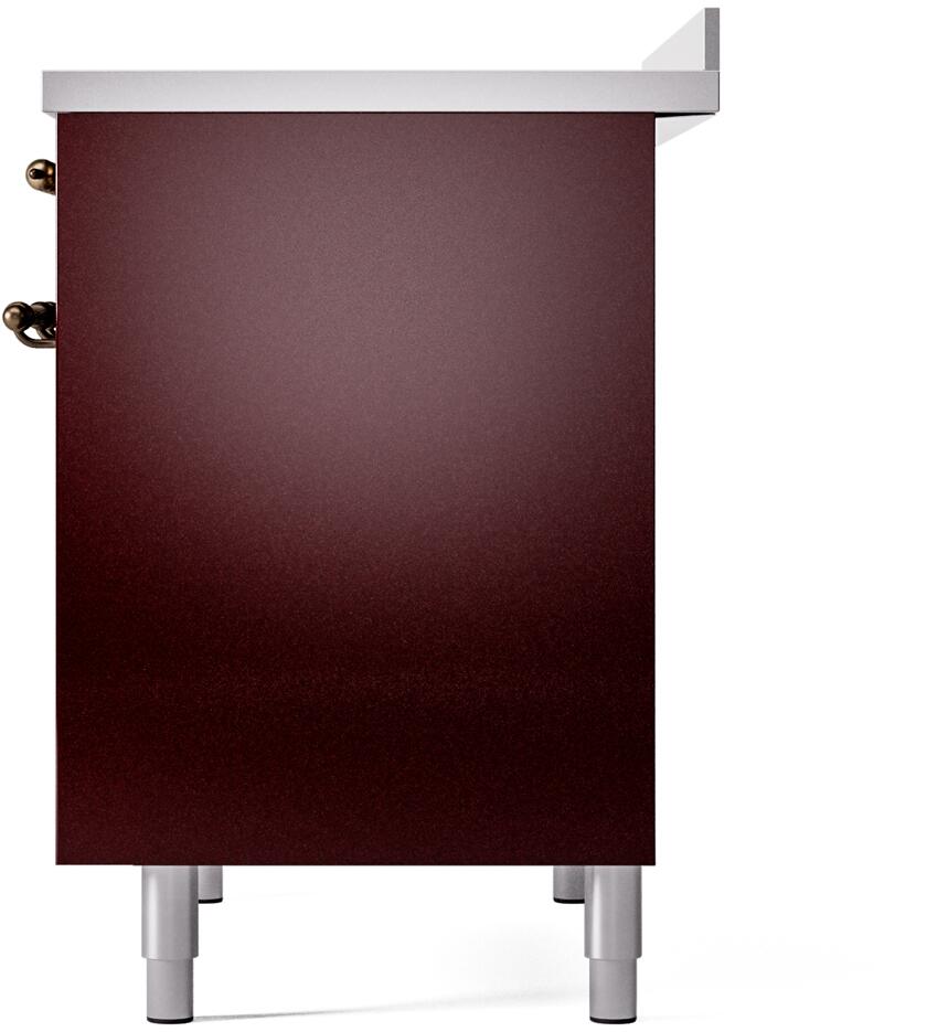 Burgundy range rear-side panel with bronze hinge hardware and four leveling legs.