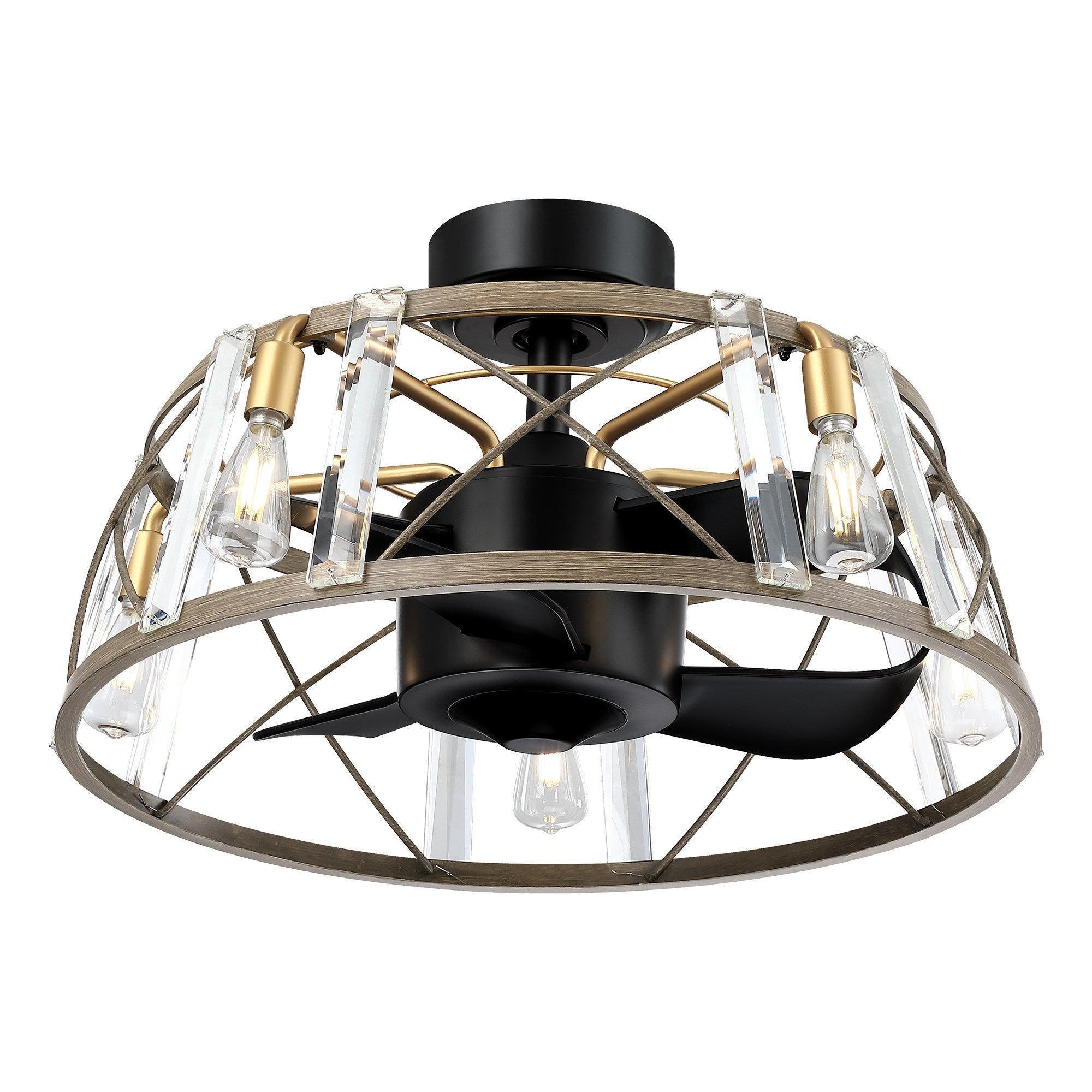 Black ceiling fan with clear glass bulb lights and open wire cage frame