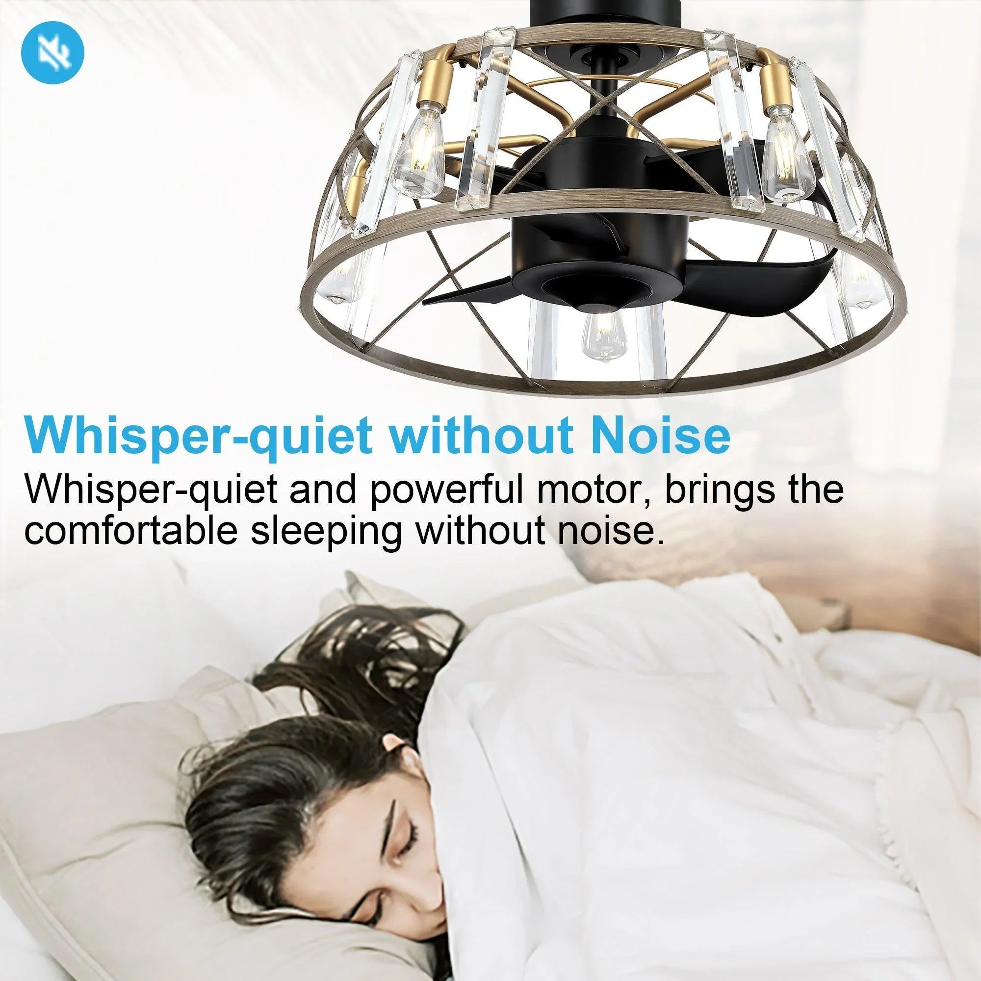 Ceiling fan light with clear glass panels, black motor housing, and metal cage