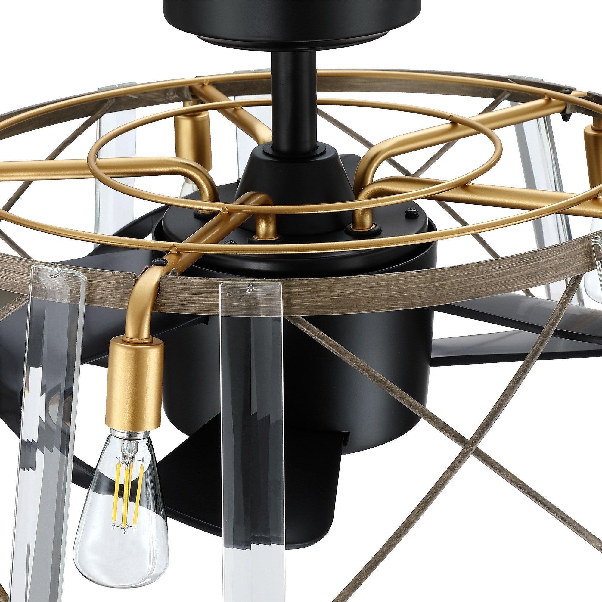 Black and gold ceiling fan with clear bulb light and curved metal cage ring