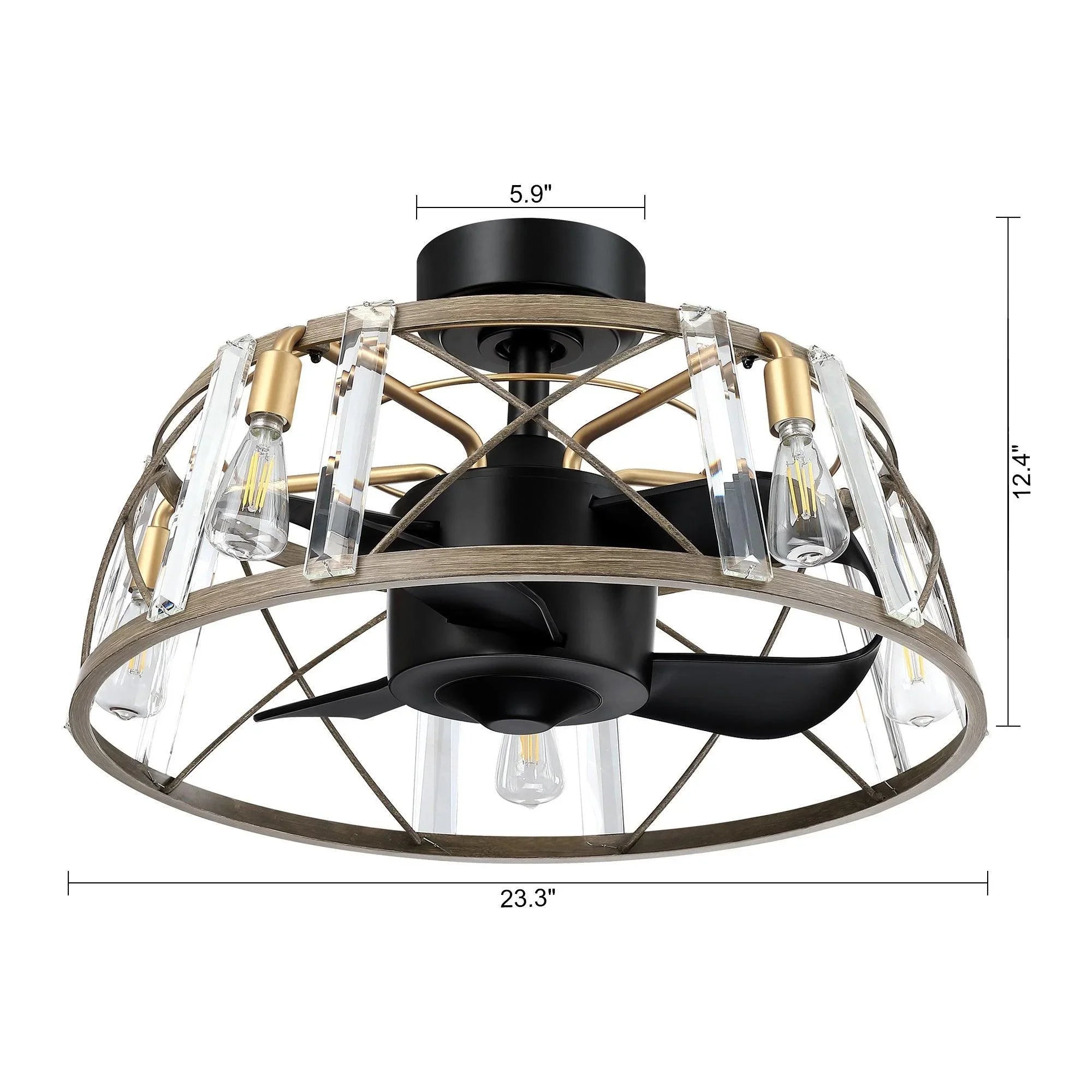 Ceiling fan light with clear glass panels, black motor, and metal cage ring