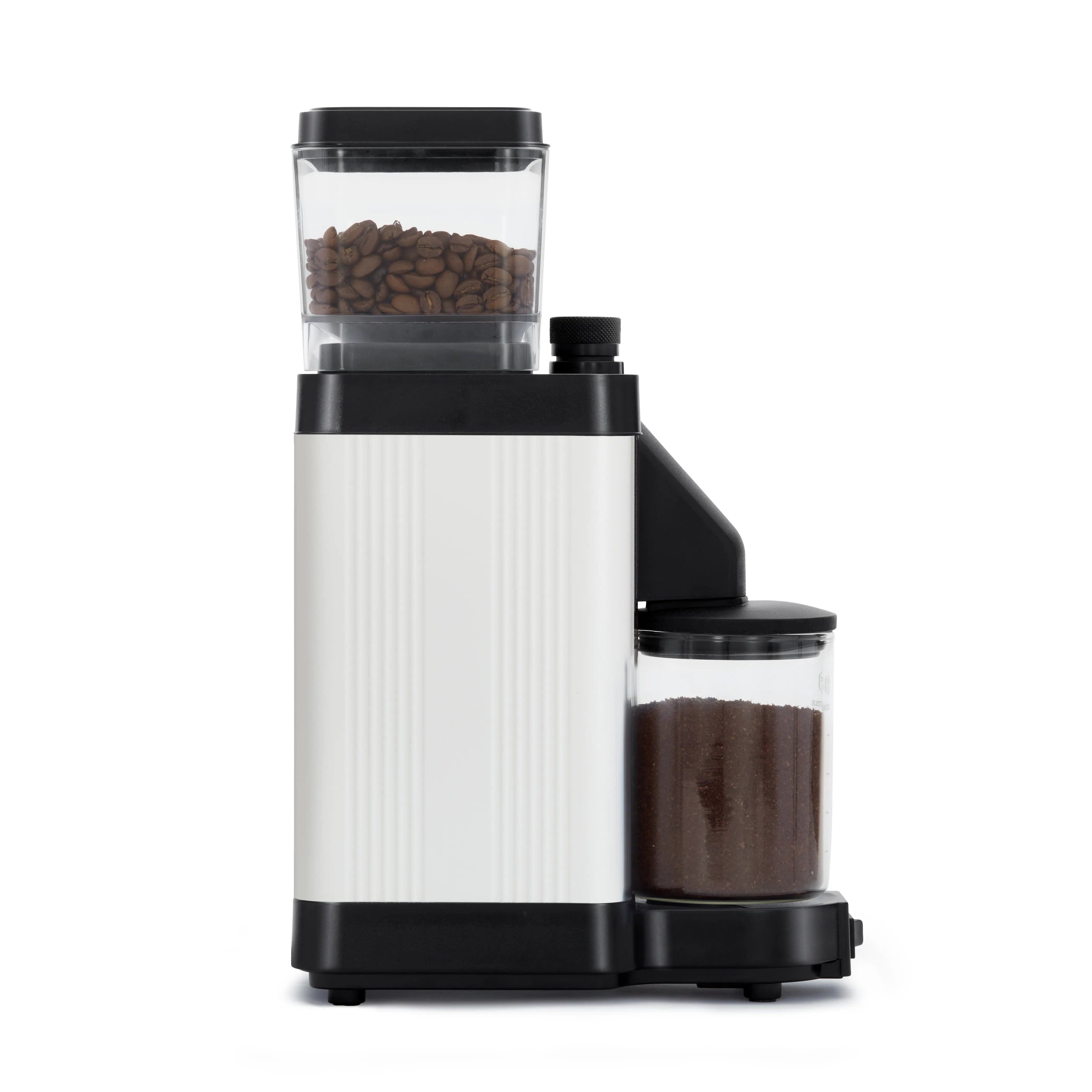 Matte white coffee burr grinder with clear hopper and included grounds container, front view.