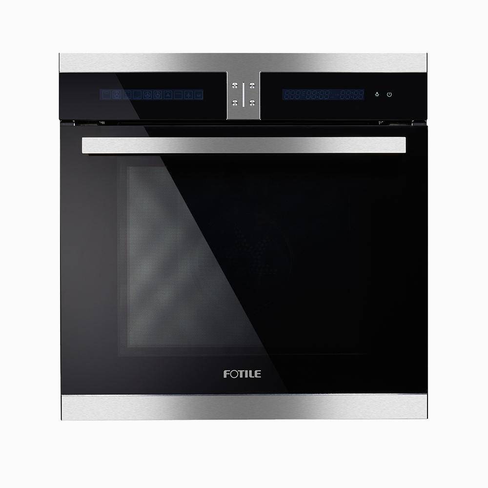 Built-in convection oven front view, black glass door with stainless trim and control buttons