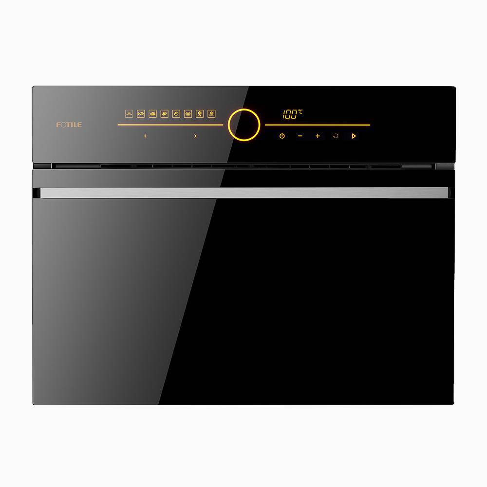 Black built-in steam oven with tempered glass door and digital control panel