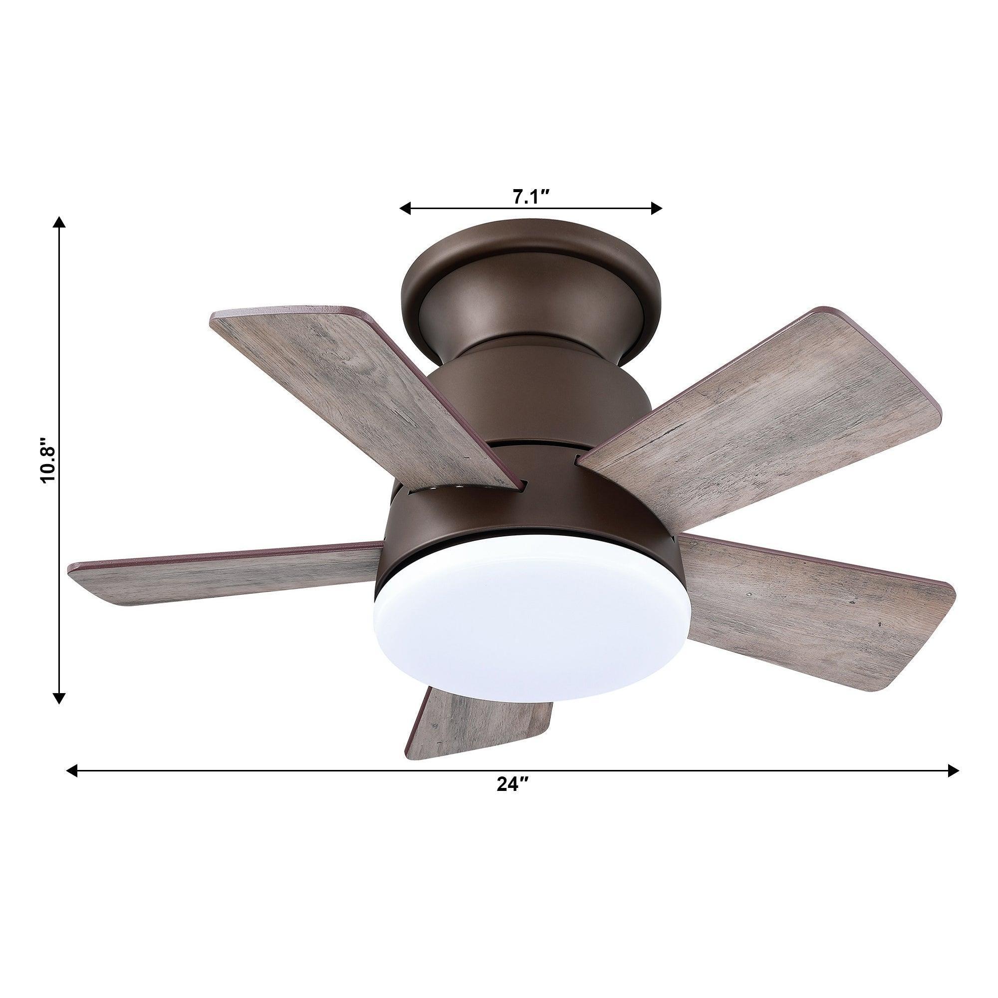 Dark bronze 24 in flush mount ceiling fan with frosted light and four wood blades