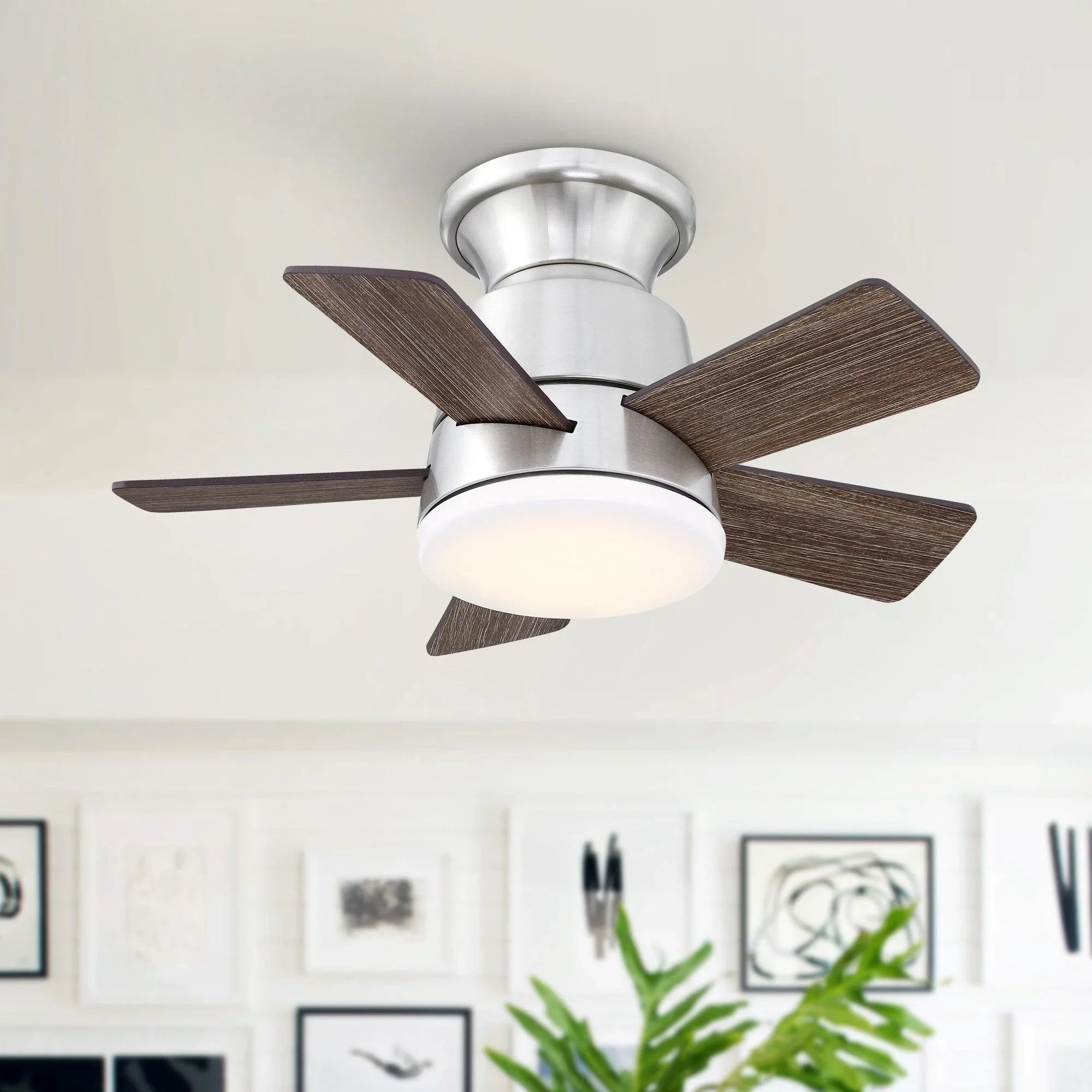Brushed nickel flush-mount ceiling fan with 5 wood blades and frosted light dome