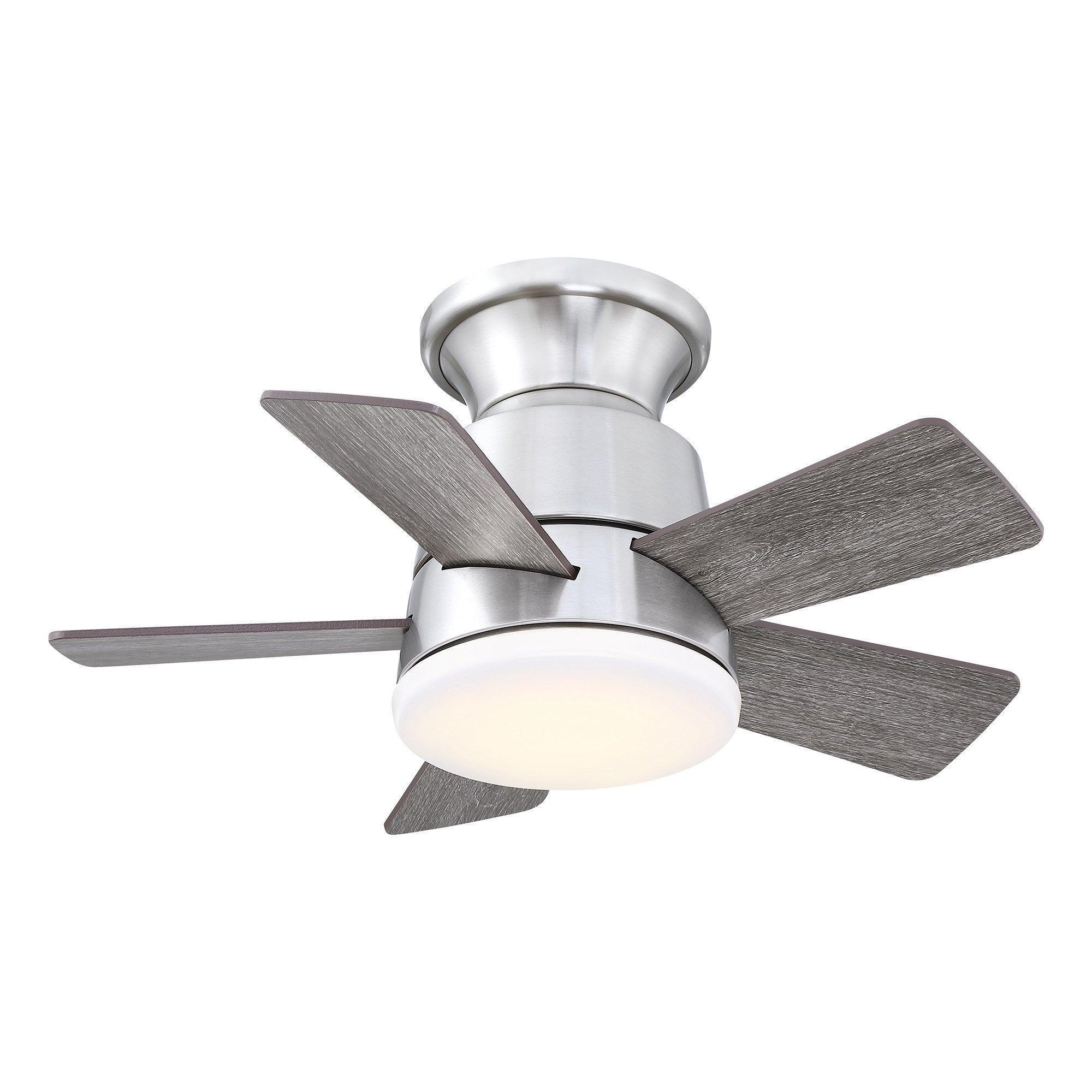 Brushed nickel ceiling fan with 5 wood blades and frosted lighting diffuser, flush mount