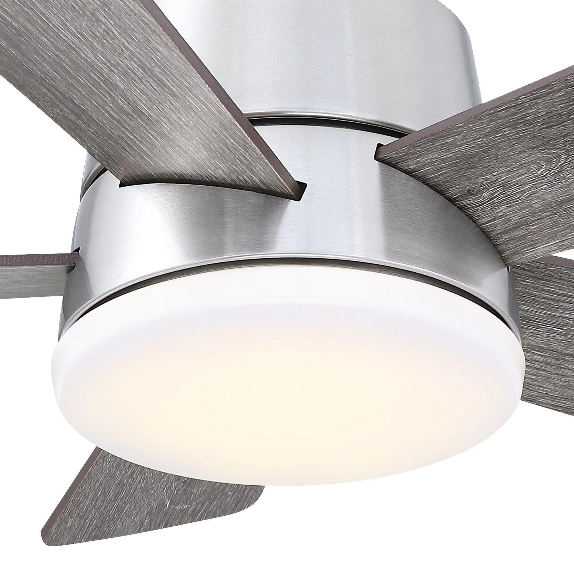 Flush mount ceiling fan light globe with reversible gray wood-look blades and brushed nickel finish