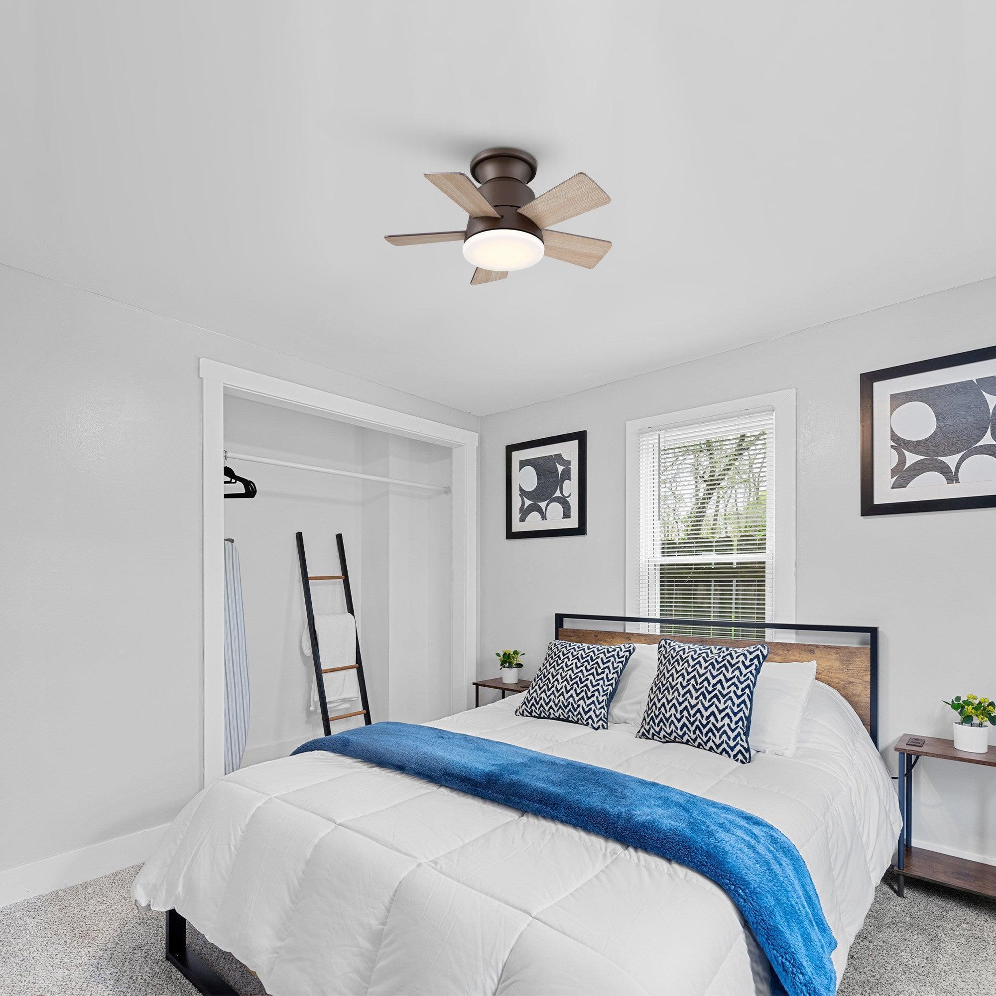 Farmhouse flush-mount ceiling fan with wood blades and a frosted light globe