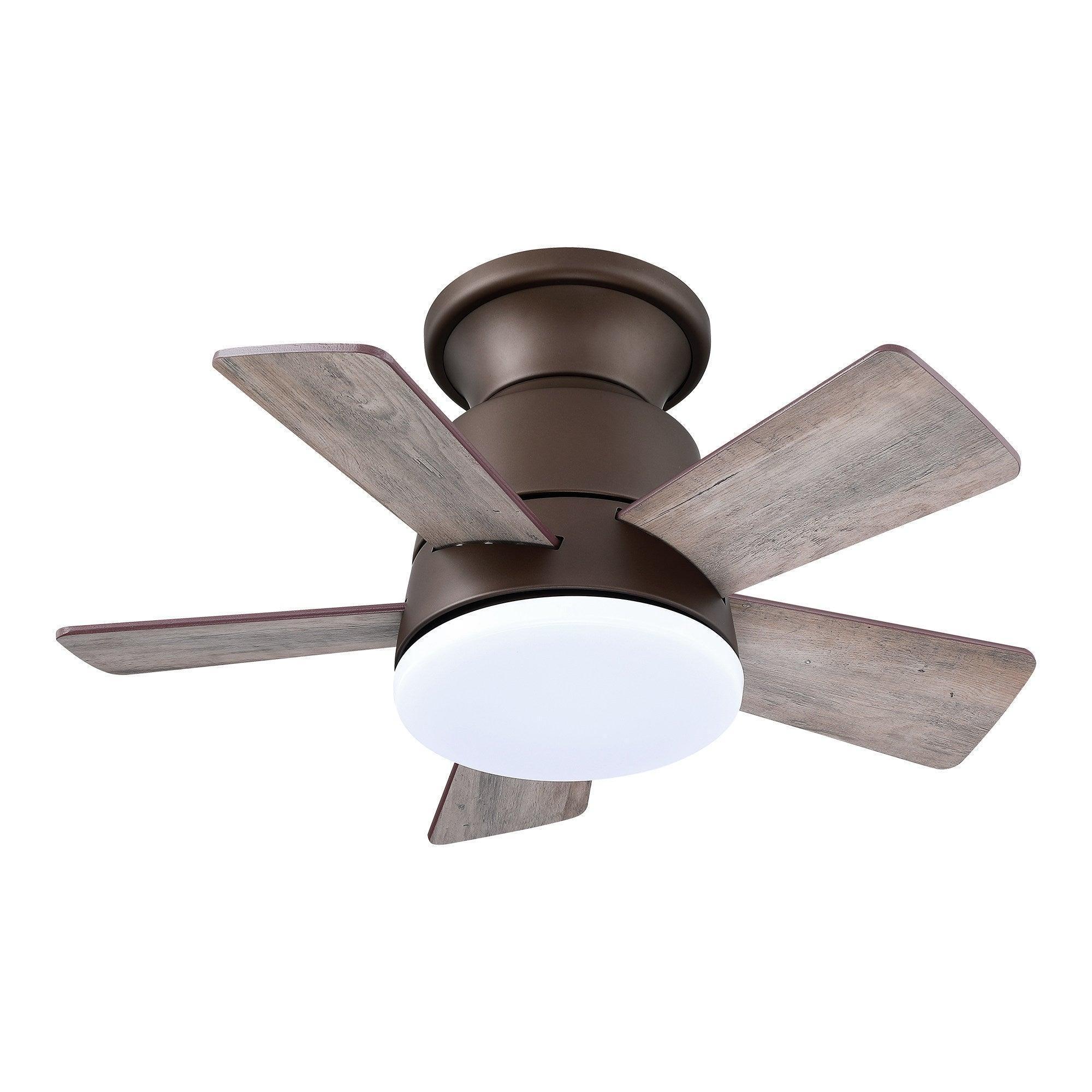 Farmhouse flush-mount ceiling fan with dark bronze housing, gray wood blades, and frosted light