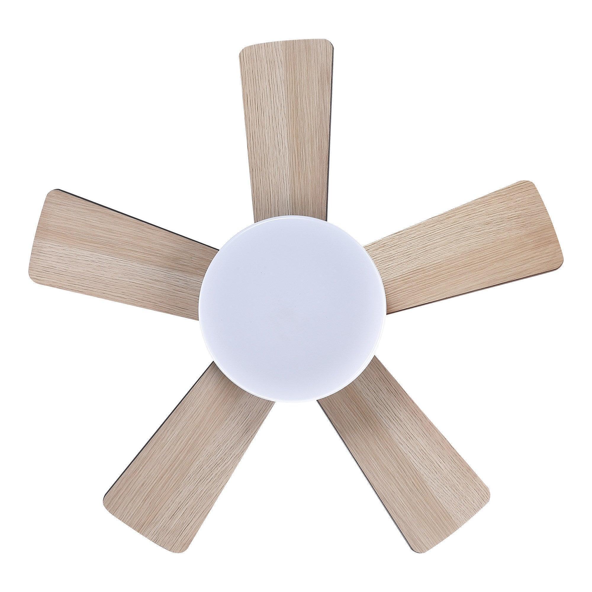 Farmhouse flush-mount ceiling fan with light wood blades and a white frosted light globe