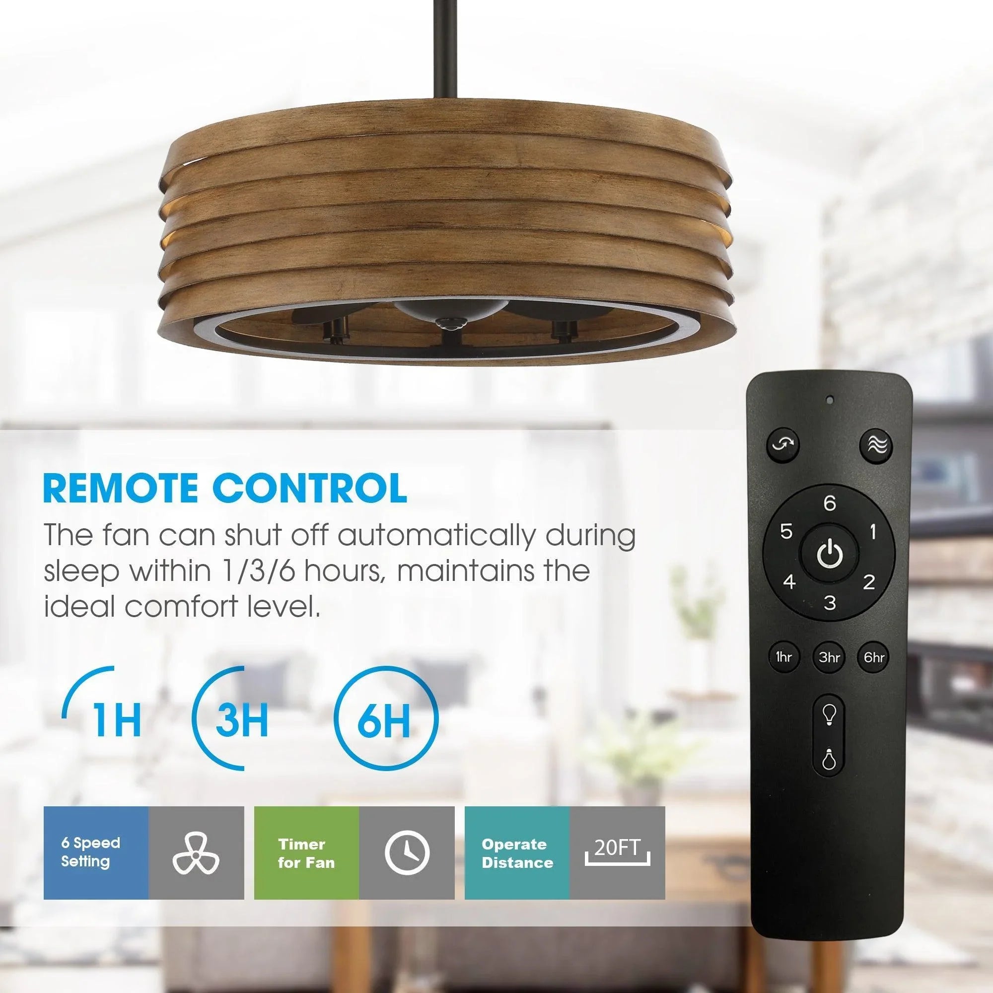 Brown farmhouse ceiling fan with light and black remote control