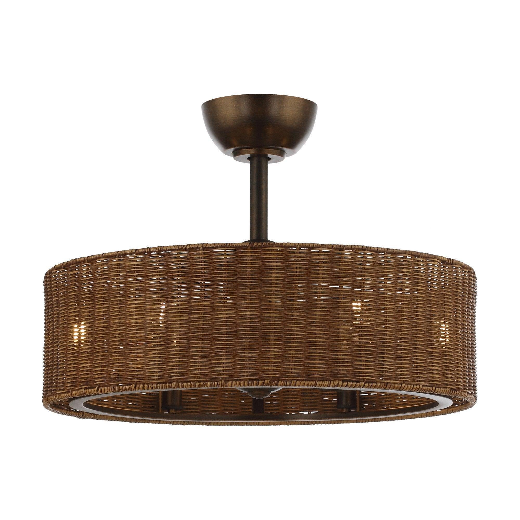 24-inch ceiling fan with woven wicker drum shade and oil-rubbed bronze canopy