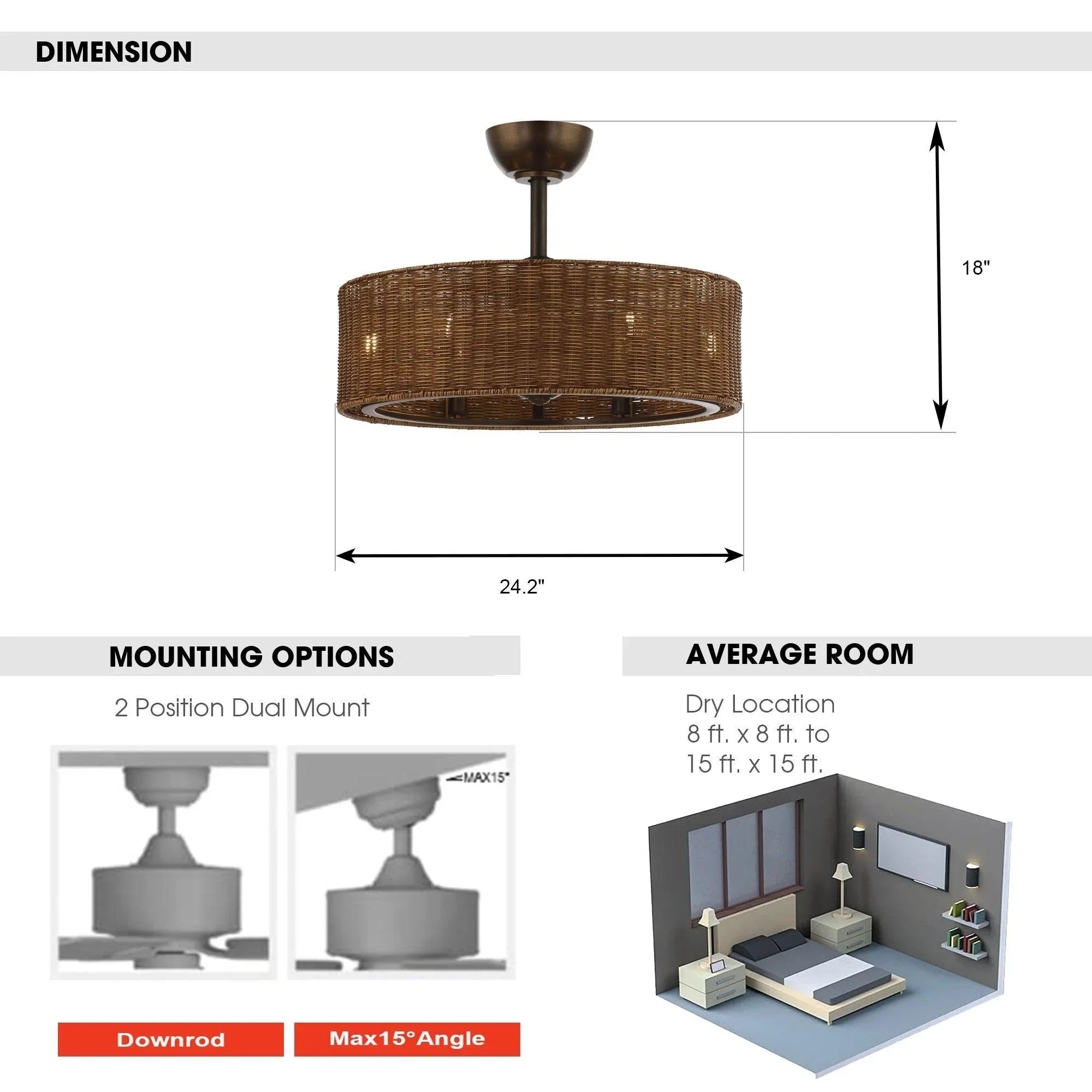24-inch ceiling fan with woven wicker shade, size diagram and mounting options shown