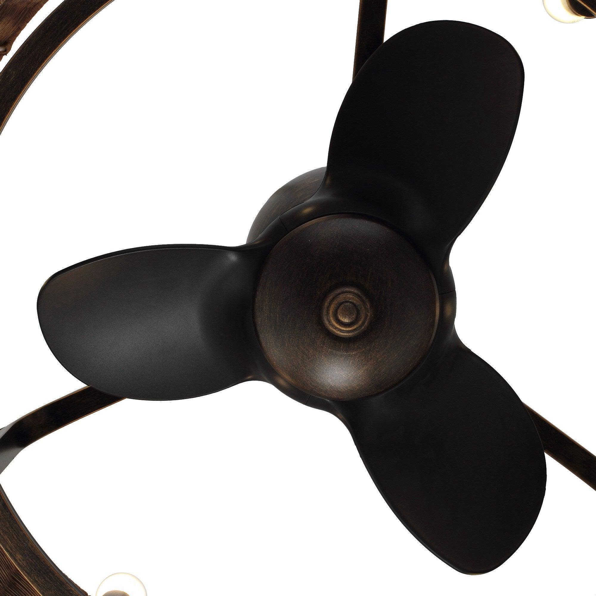 Four-blade ceiling fan with dark blades and bronze center motor hub