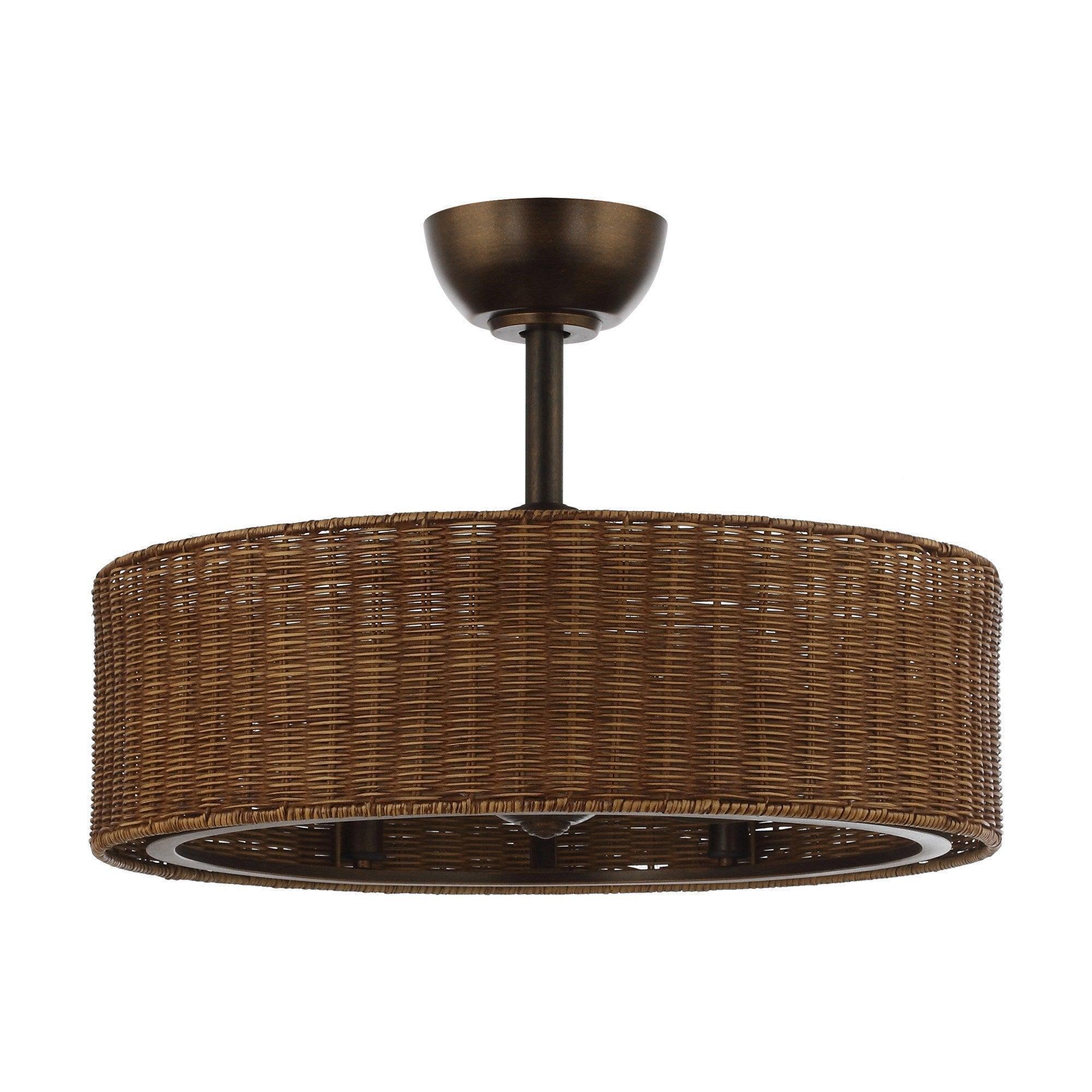 Oil-rubbed bronze ceiling fan with woven wicker drum shade and integrated light ring