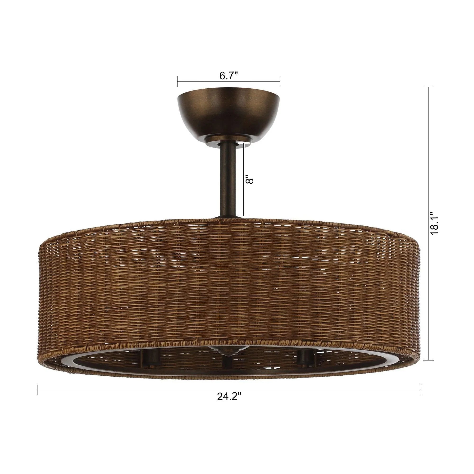 Oil-rubbed bronze ceiling fan with woven wicker drum and built-in light, shown with size marks