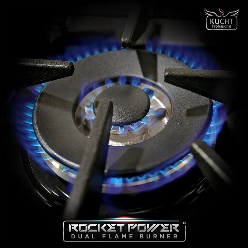 Close-up of dual-flame gas burner with blue flames on a Kucht range