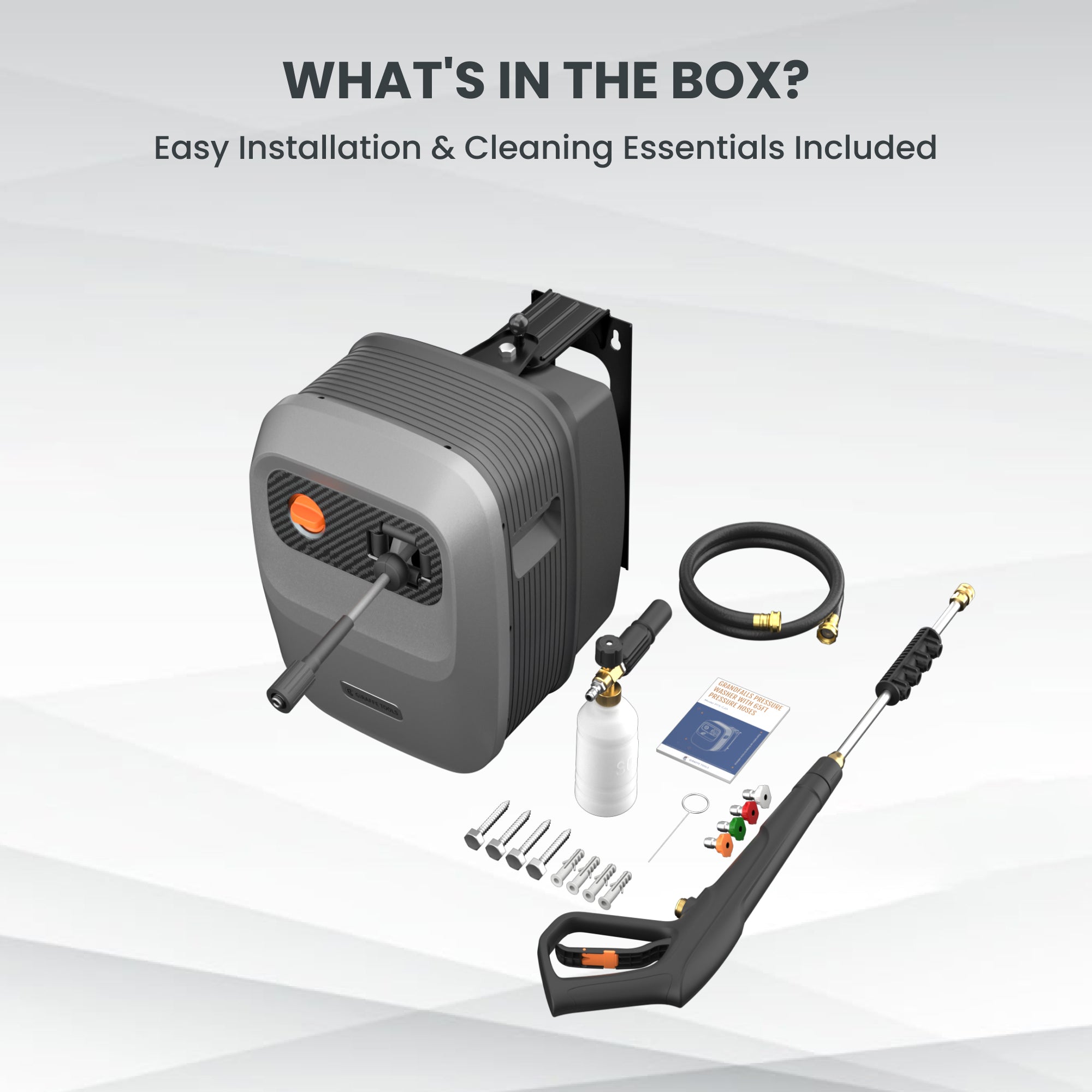 Pressure washer wall unit with included accessories, spray gun, soap bottle, and connectors