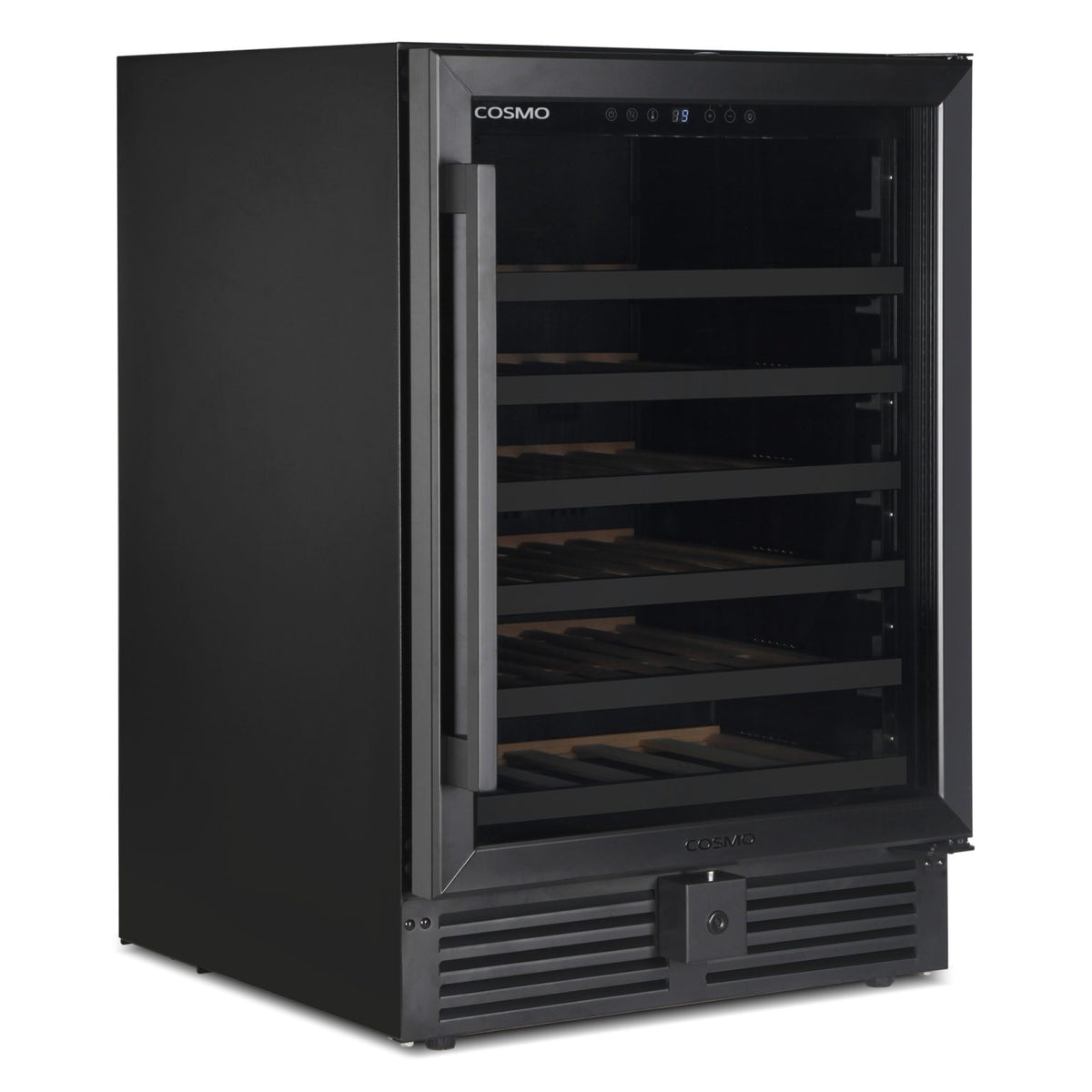 Matte black wine cooler with left-hinged door closed and vented base