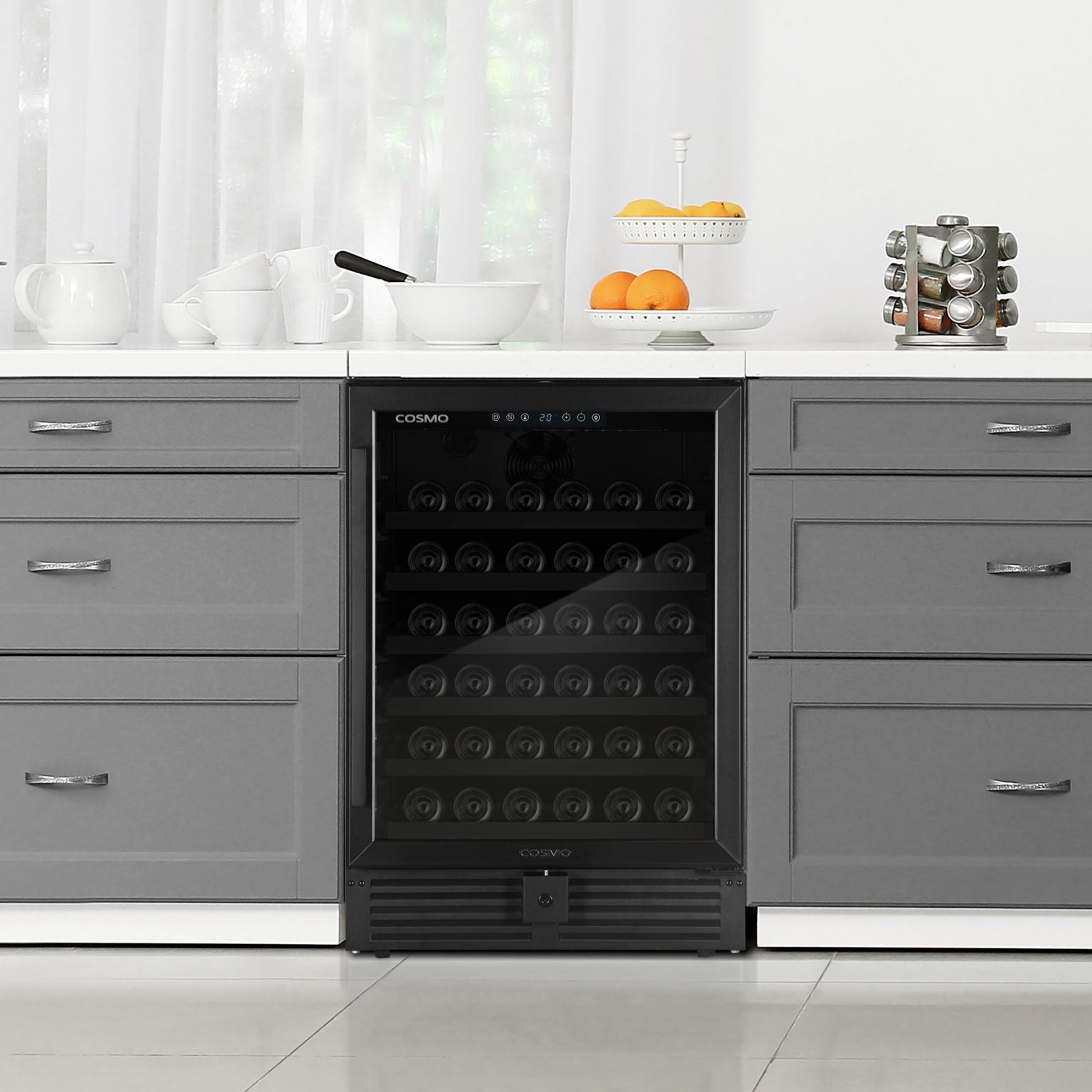 Matte black wine cooler with glass door open, 48-bottle storage racks inside