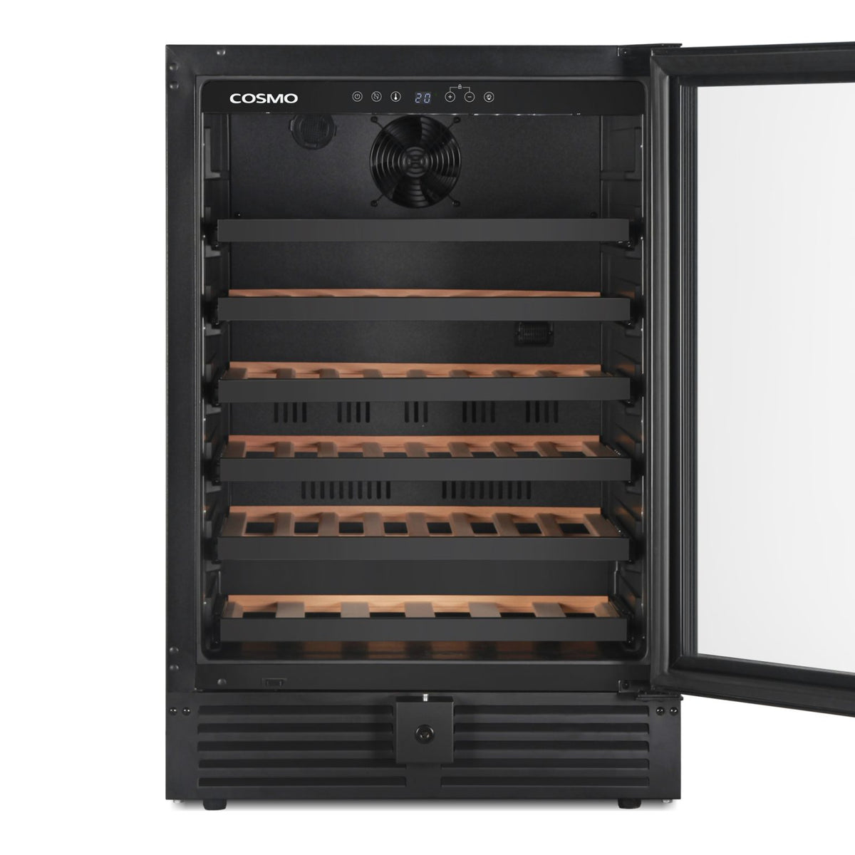 Matte black 48-bottle wine cooler with door open, wooden bottle cradles on shelves