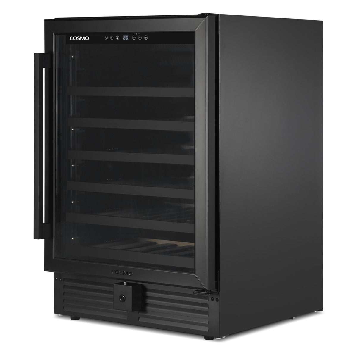 Matte black wine cooler with glass door and touch control panel, door open