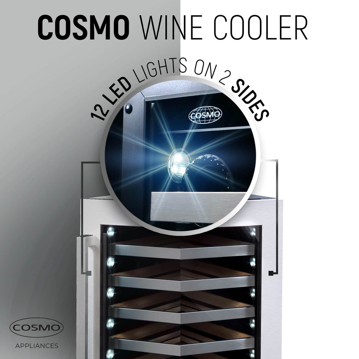 Wine cooler with interior shelves and bright LED light beams