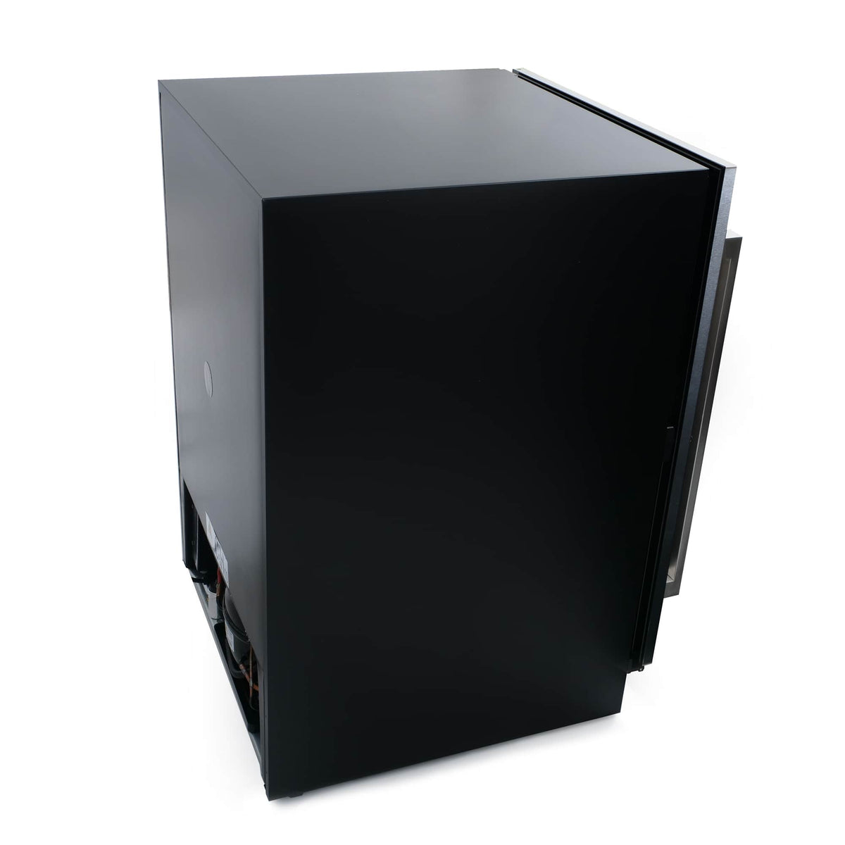 Black wine cooler unit with stainless trim, front view