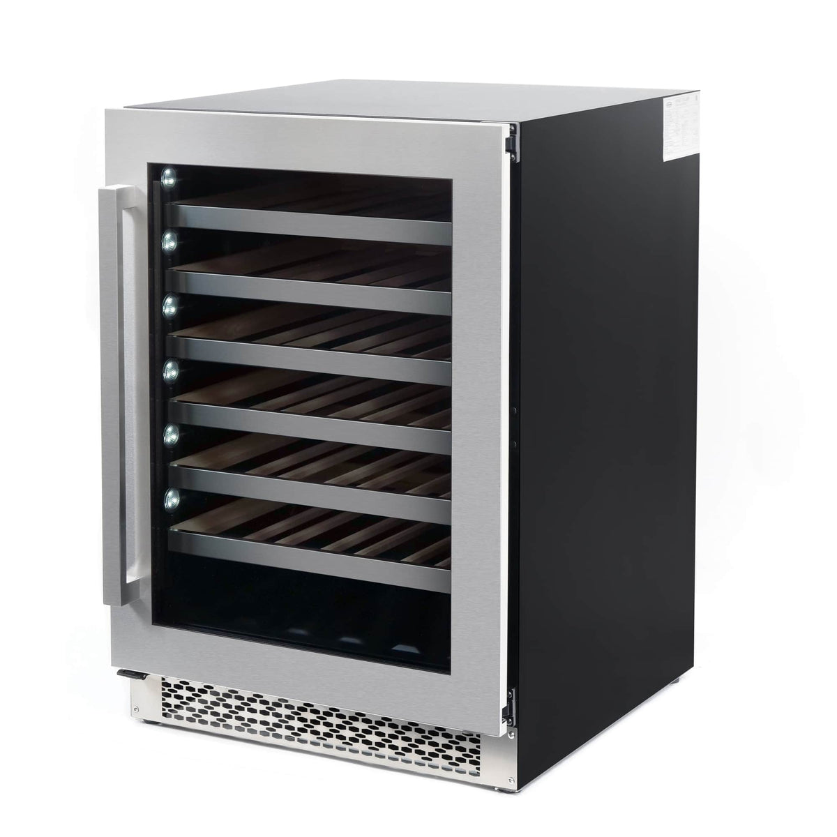 Stainless steel wine cooler with open glass door and wooden wine racks