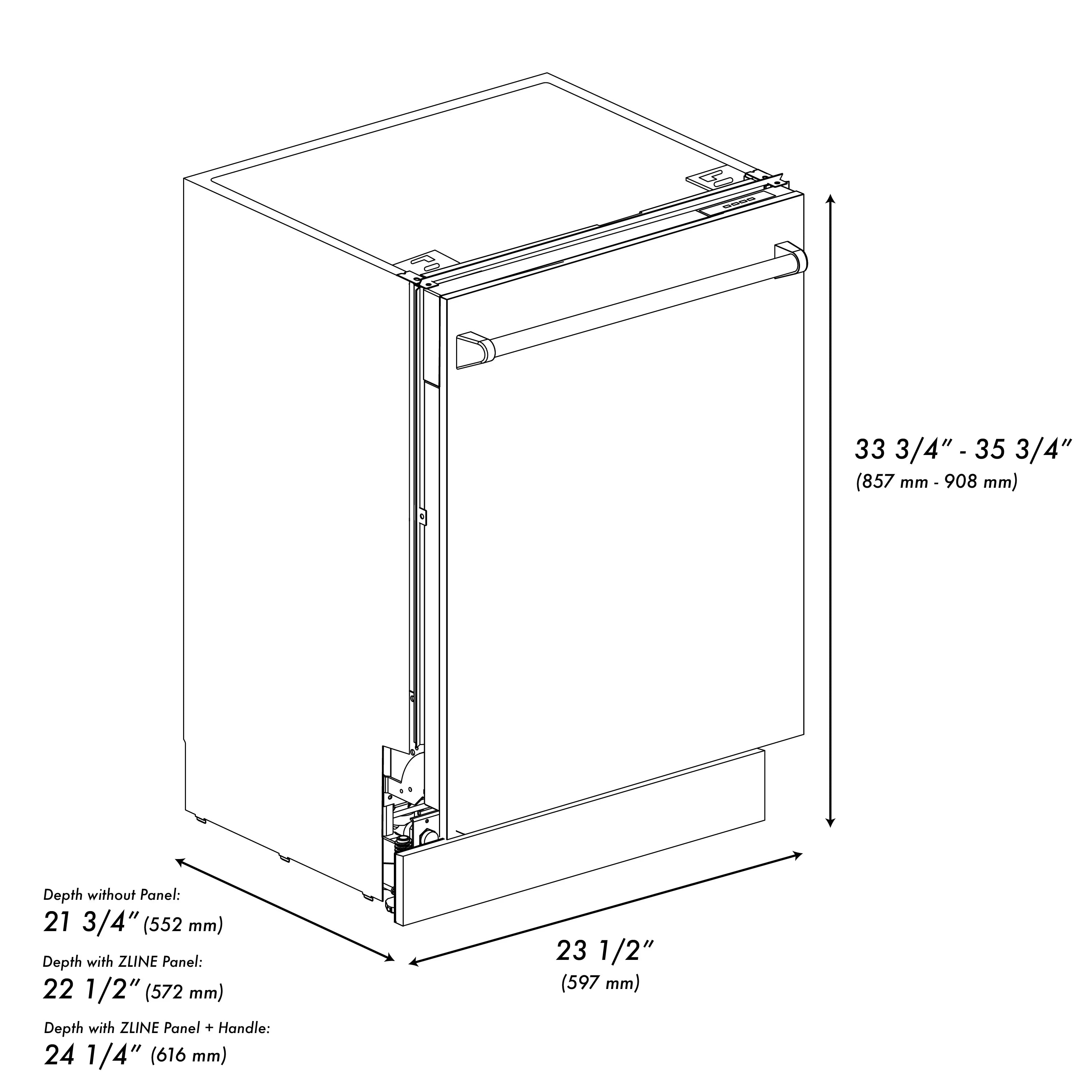 Dishwasher size diagram showing depth and width measurements
