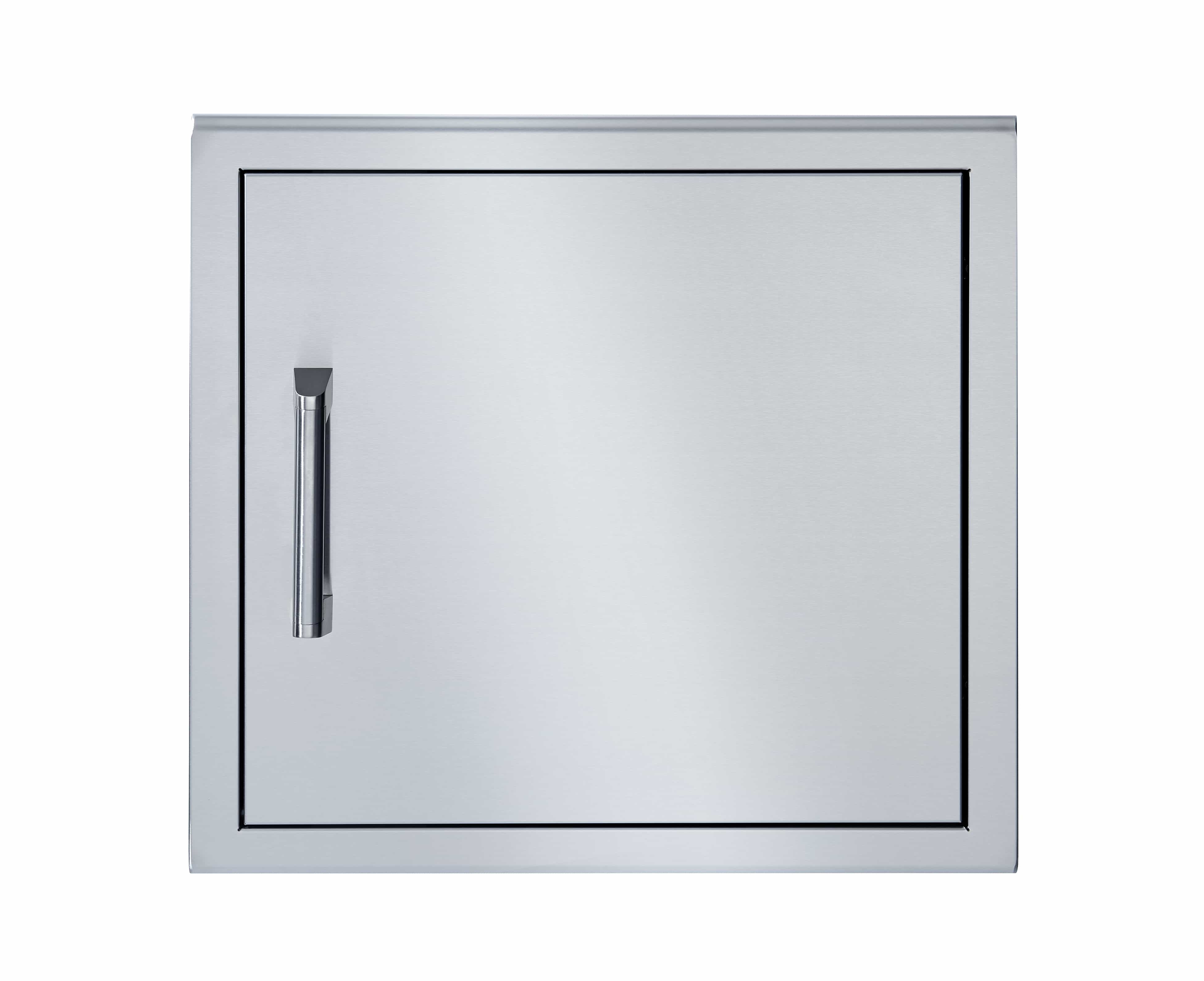 Stainless steel single cabinet door with vertical pull handle, rectangular frame