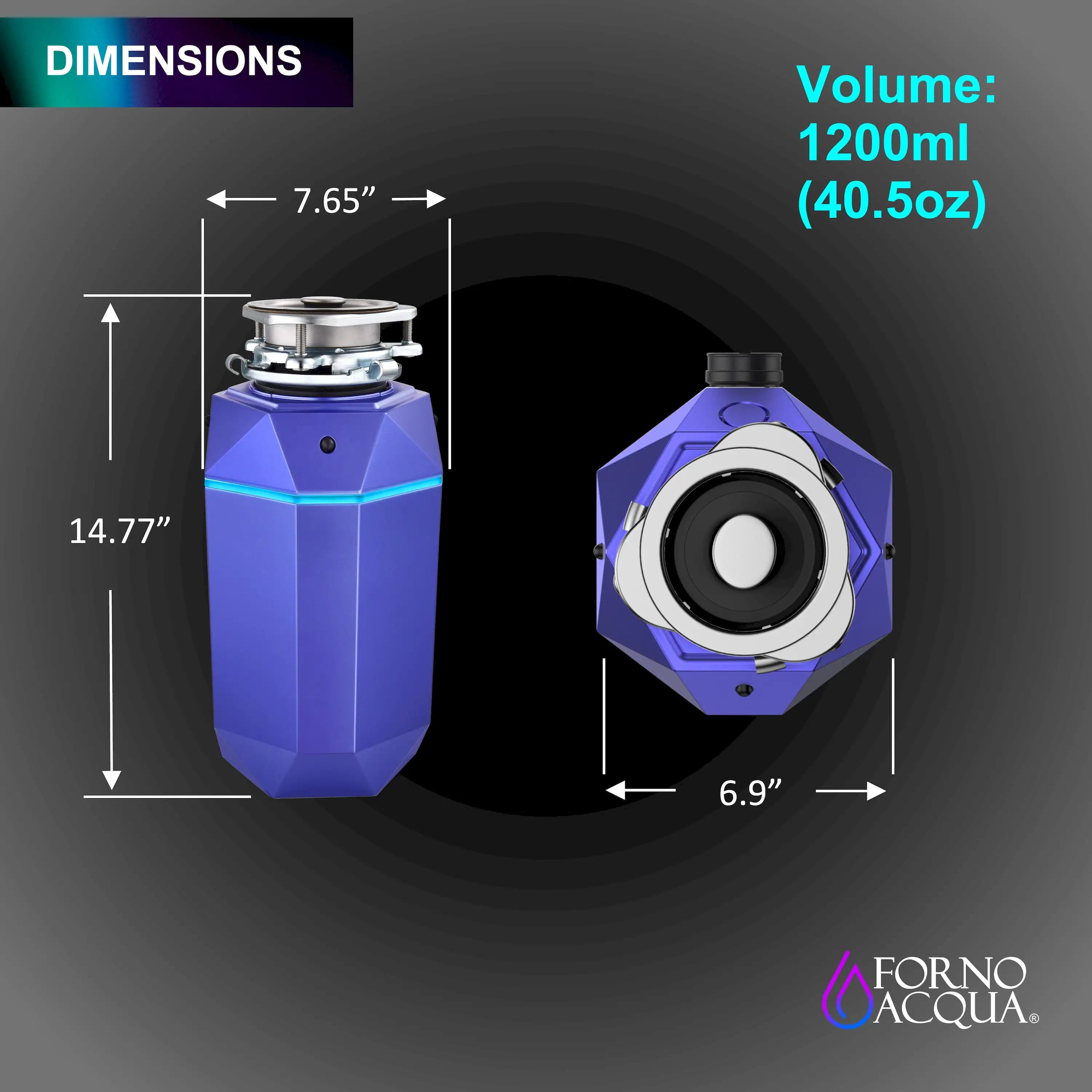 Amethyst purple garbage disposal unit with stainless top, shown with dimension views.