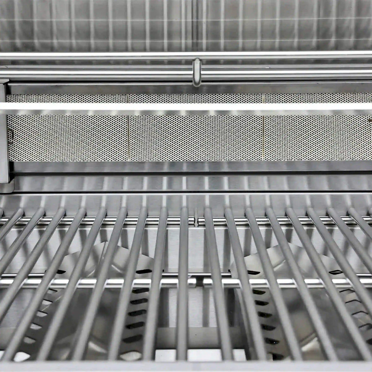 Stainless grill grates inside an outdoor gas grill with perforated back panel