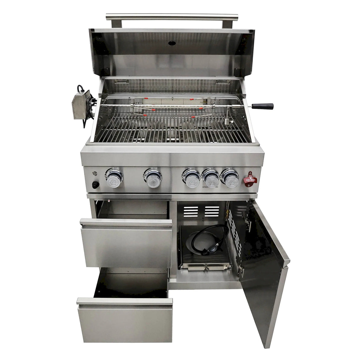 Open stainless BBQ grill with front burners, cooking grates, and side shelf